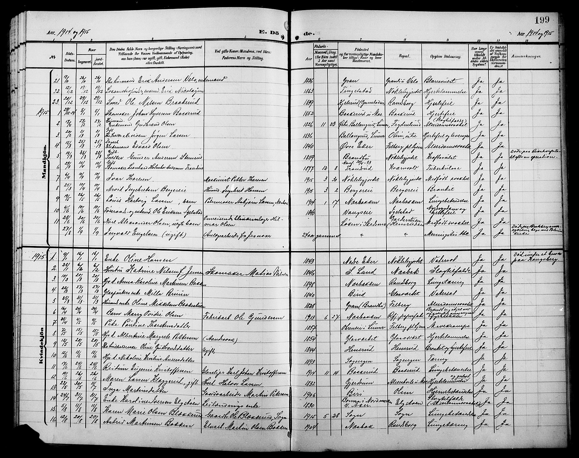 Jevnaker prestekontor, SAH/PREST-116/H/Ha/Hab/L0004: Parish register (copy) no. 4, 1907-1918, p. 199