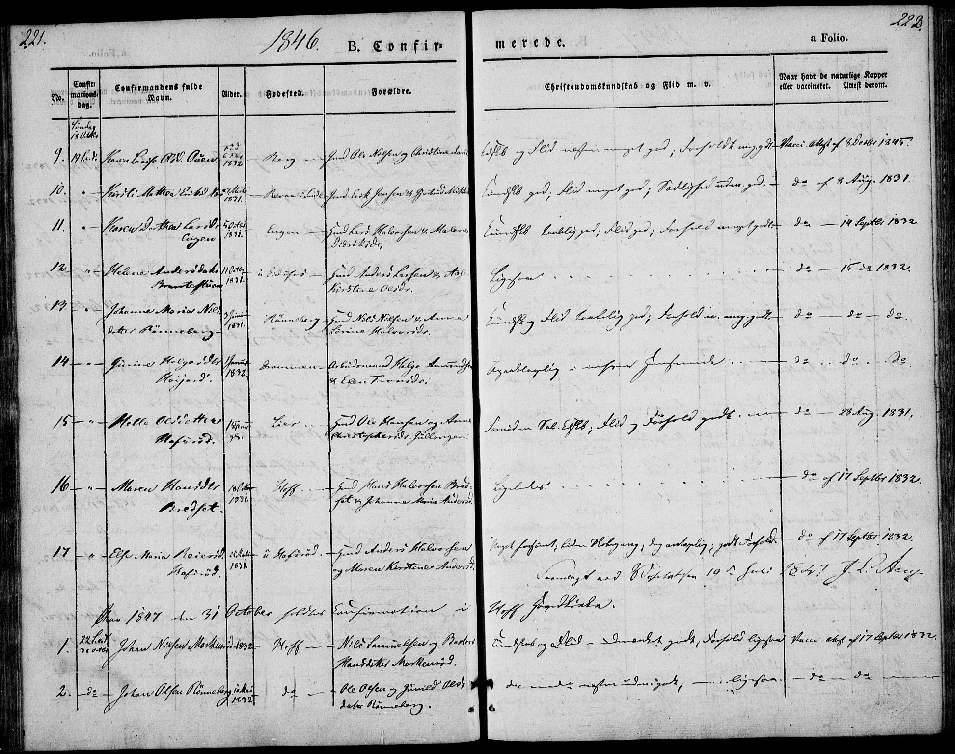 Hof kirkebøker, AV/SAKO-A-64/F/Fa/L0005: Parish register (official) no. I 5, 1844-1851, p. 221-222