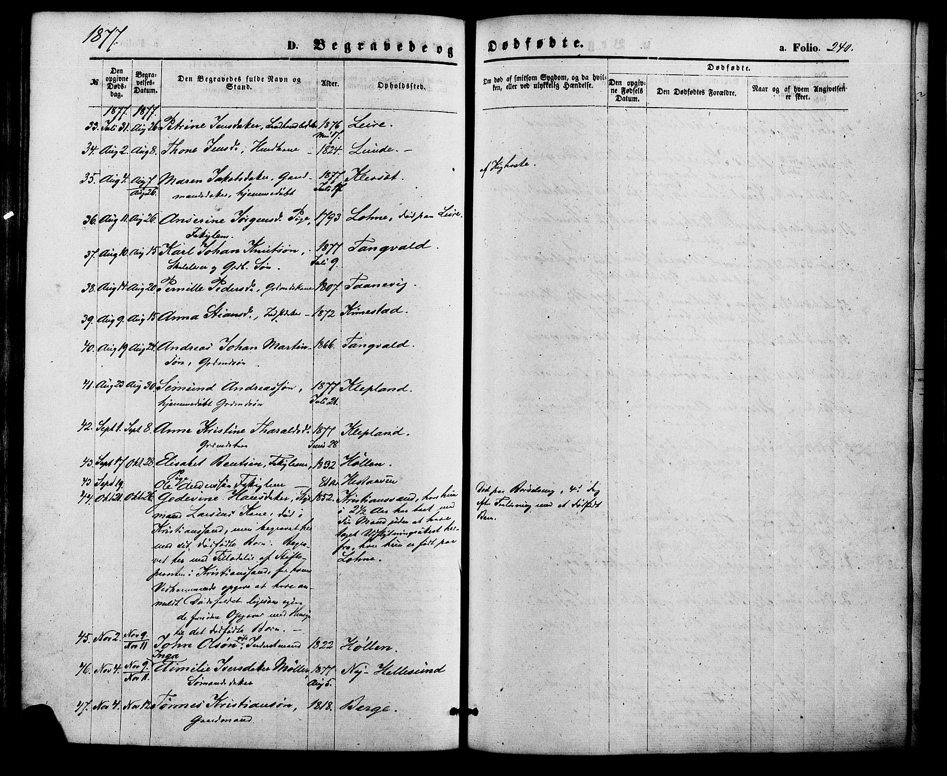 Søgne sokneprestkontor, SAK/1111-0037/F/Fa/Fab/L0011: Parish register (official) no. A 11, 1869-1879, p. 240