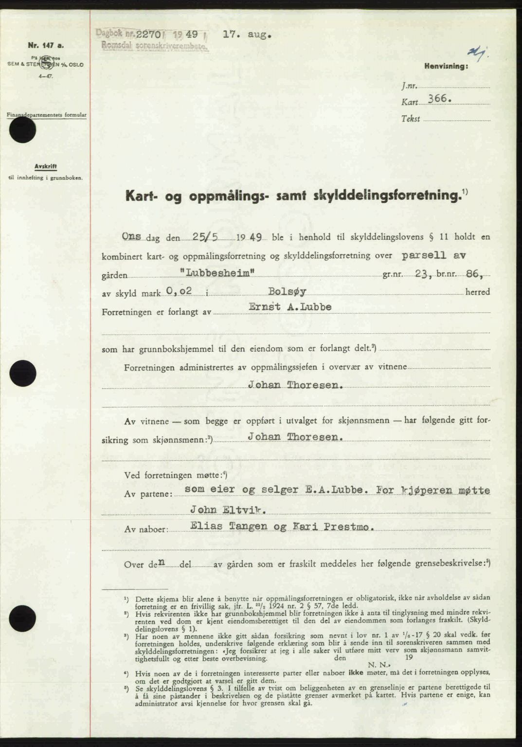 Romsdal sorenskriveri, AV/SAT-A-4149/1/2/2C: Mortgage book no. A30, 1949-1949, Diary no: : 2270/1949