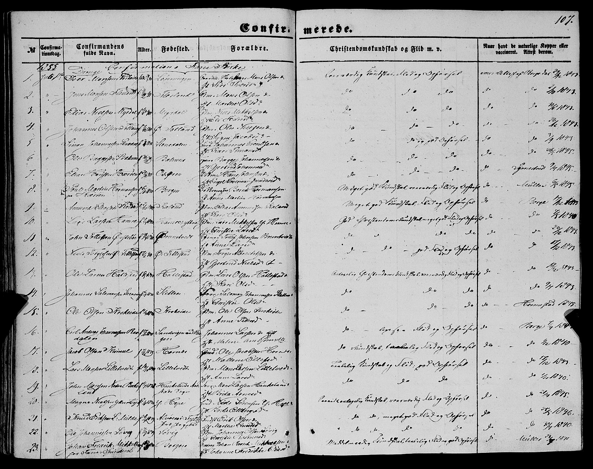 Fana Sokneprestembete, SAB/A-75101/H/Haa/Haaa/L0011: Parish register (official) no. A 11, 1851-1862, p. 107