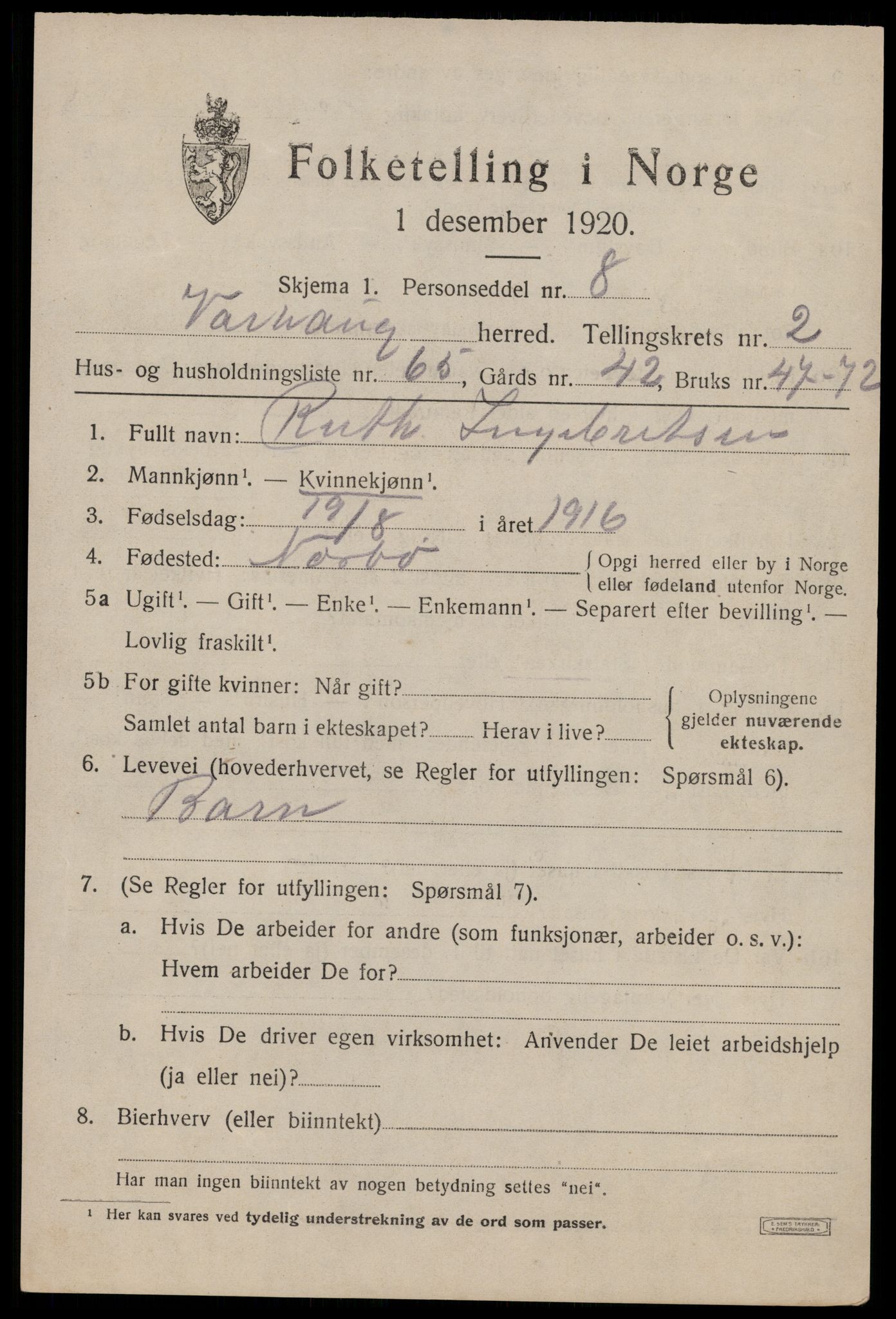 SAST, 1920 census for Varhaug, 1920, p. 2877