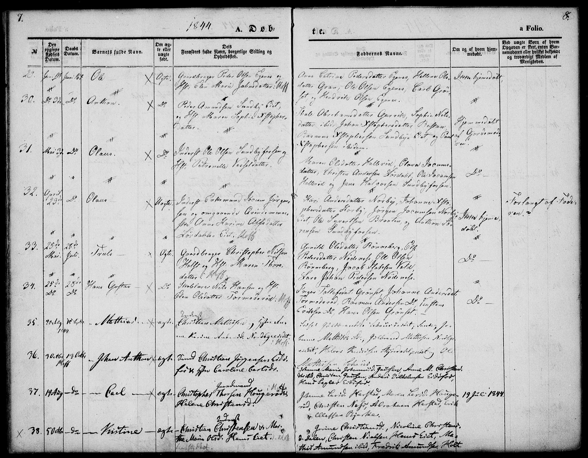 Hof kirkebøker, AV/SAKO-A-64/F/Fa/L0005: Parish register (official) no. I 5, 1844-1851, p. 7-8