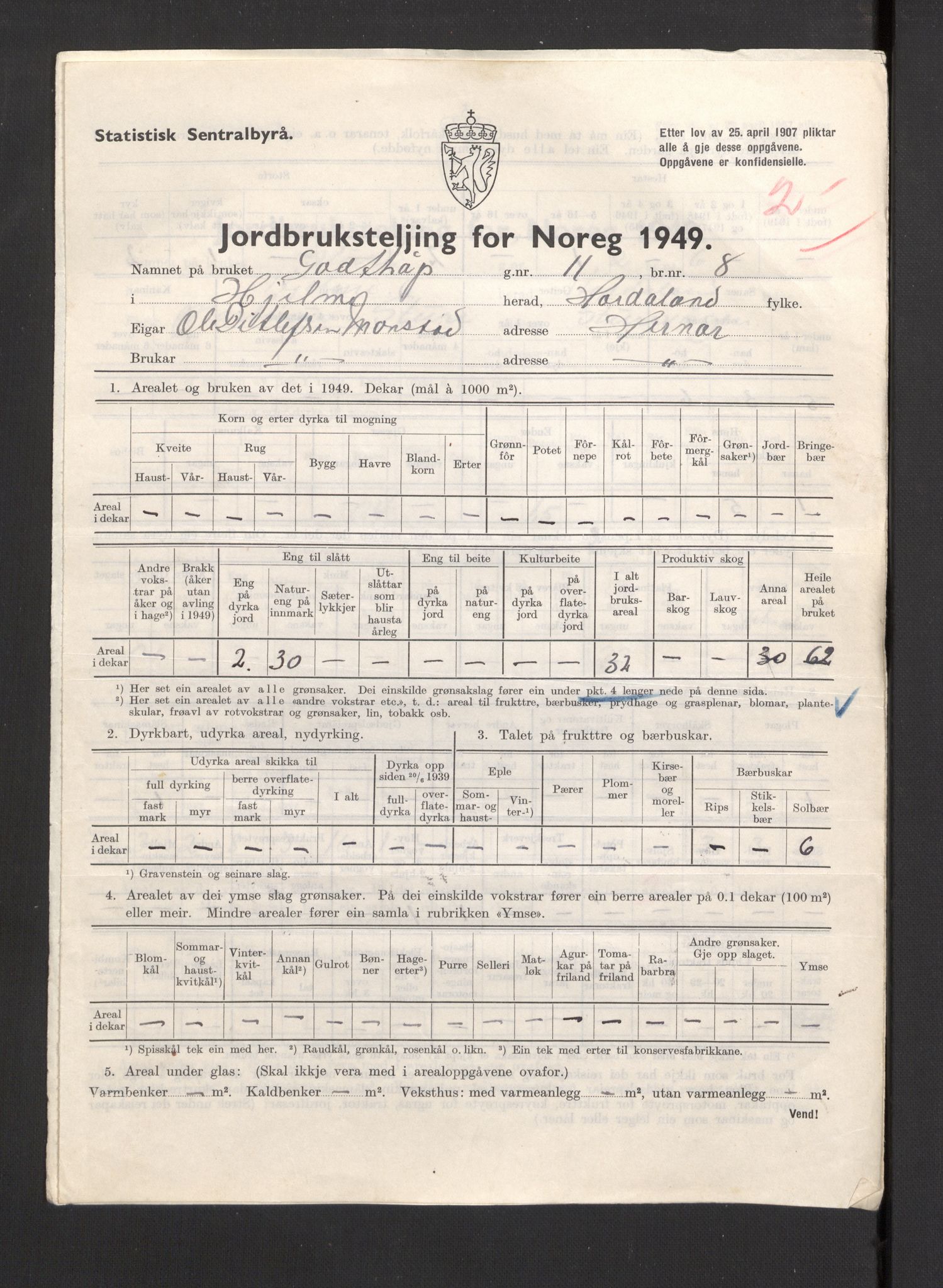 Statistisk sentralbyrå, Næringsøkonomiske emner, Jordbruk, skogbruk, jakt, fiske og fangst, AV/RA-S-2234/G/Gc/L0276: Hordaland: Herdla og Hjelme, 1949, p. 1338