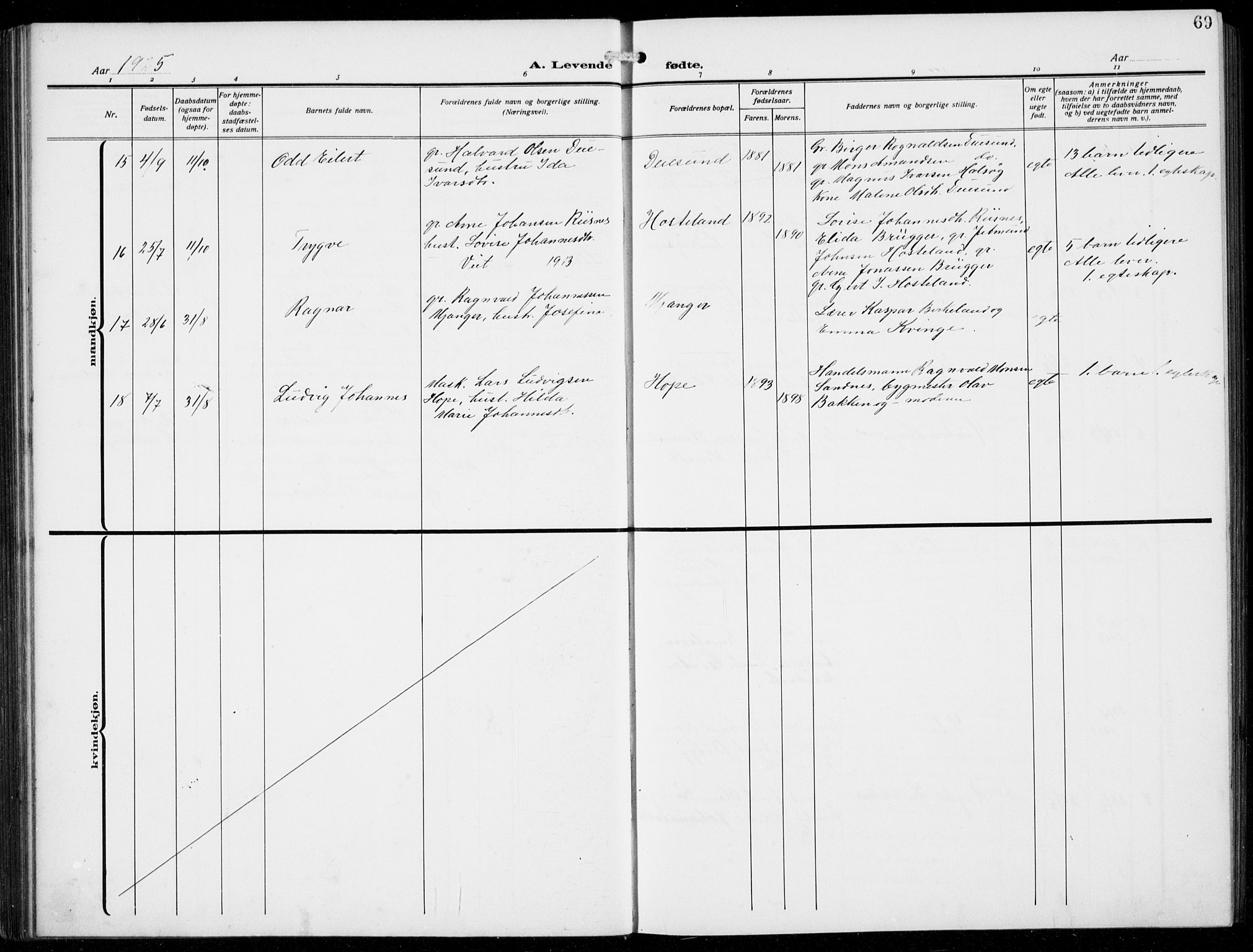 Masfjorden Sokneprestembete, SAB/A-77001: Parish register (copy) no. B  2, 1912-1939, p. 69