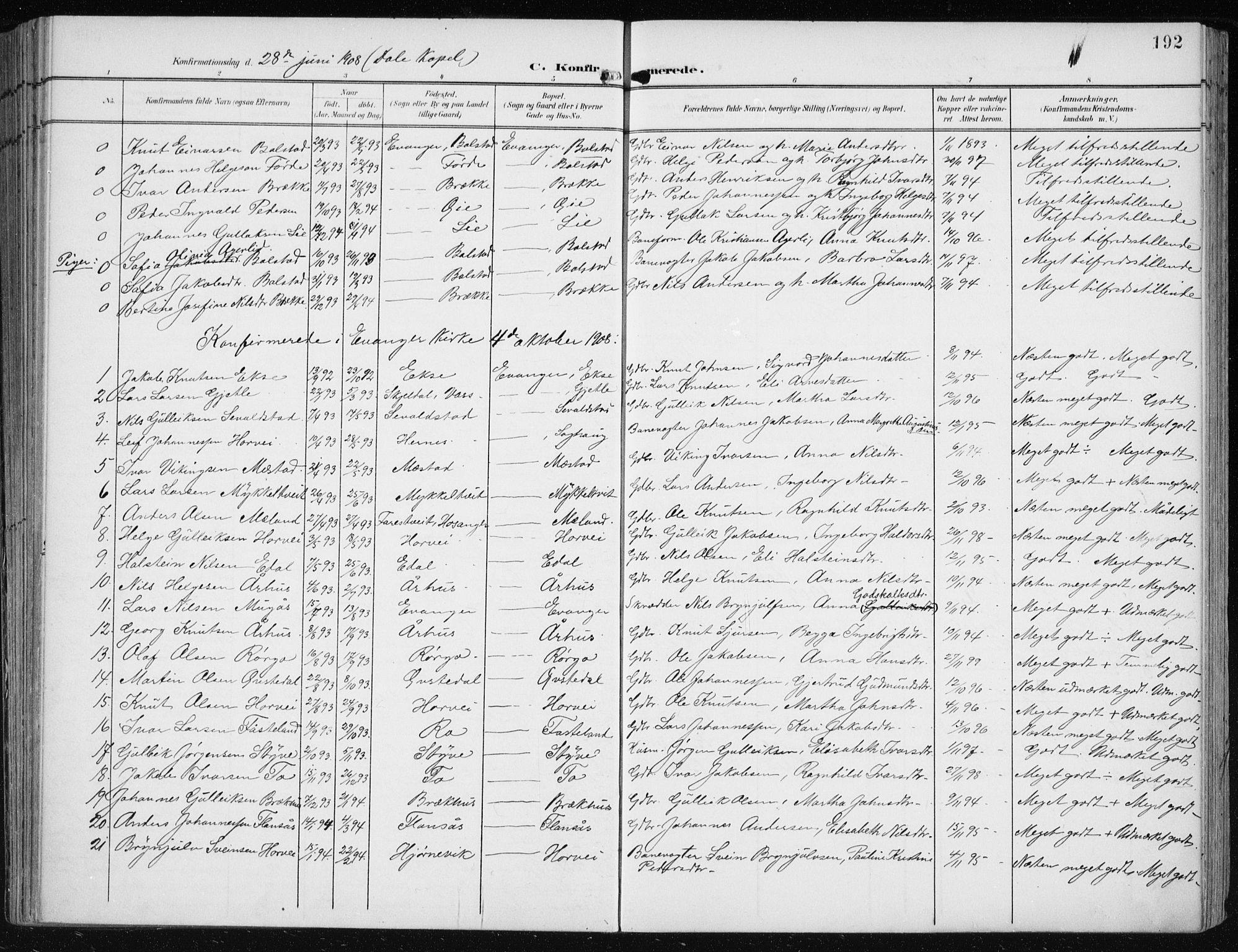 Evanger sokneprestembete, SAB/A-99924: Parish register (official) no. A  3, 1900-1930, p. 192