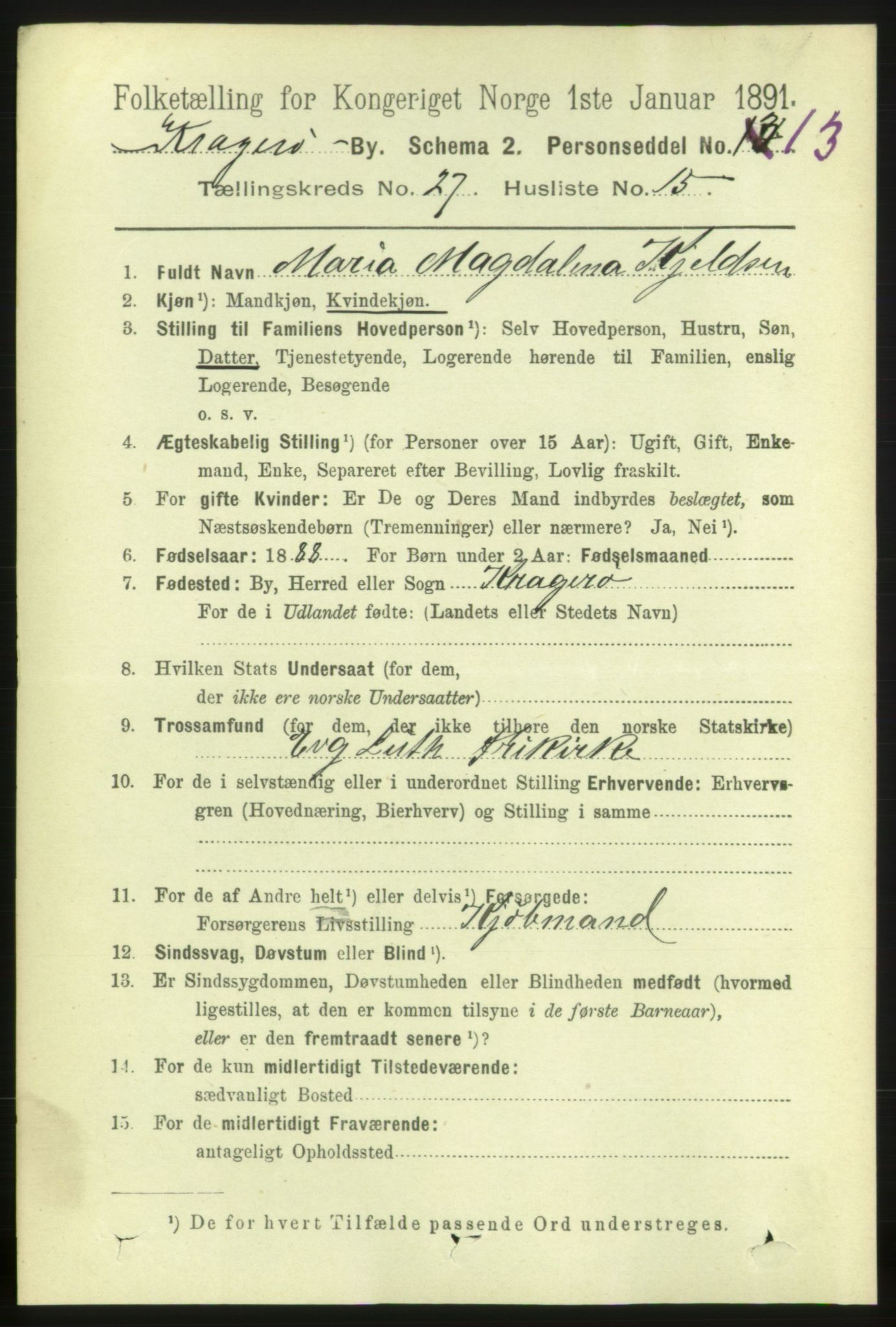 RA, 1891 census for 0801 Kragerø, 1891, p. 5393