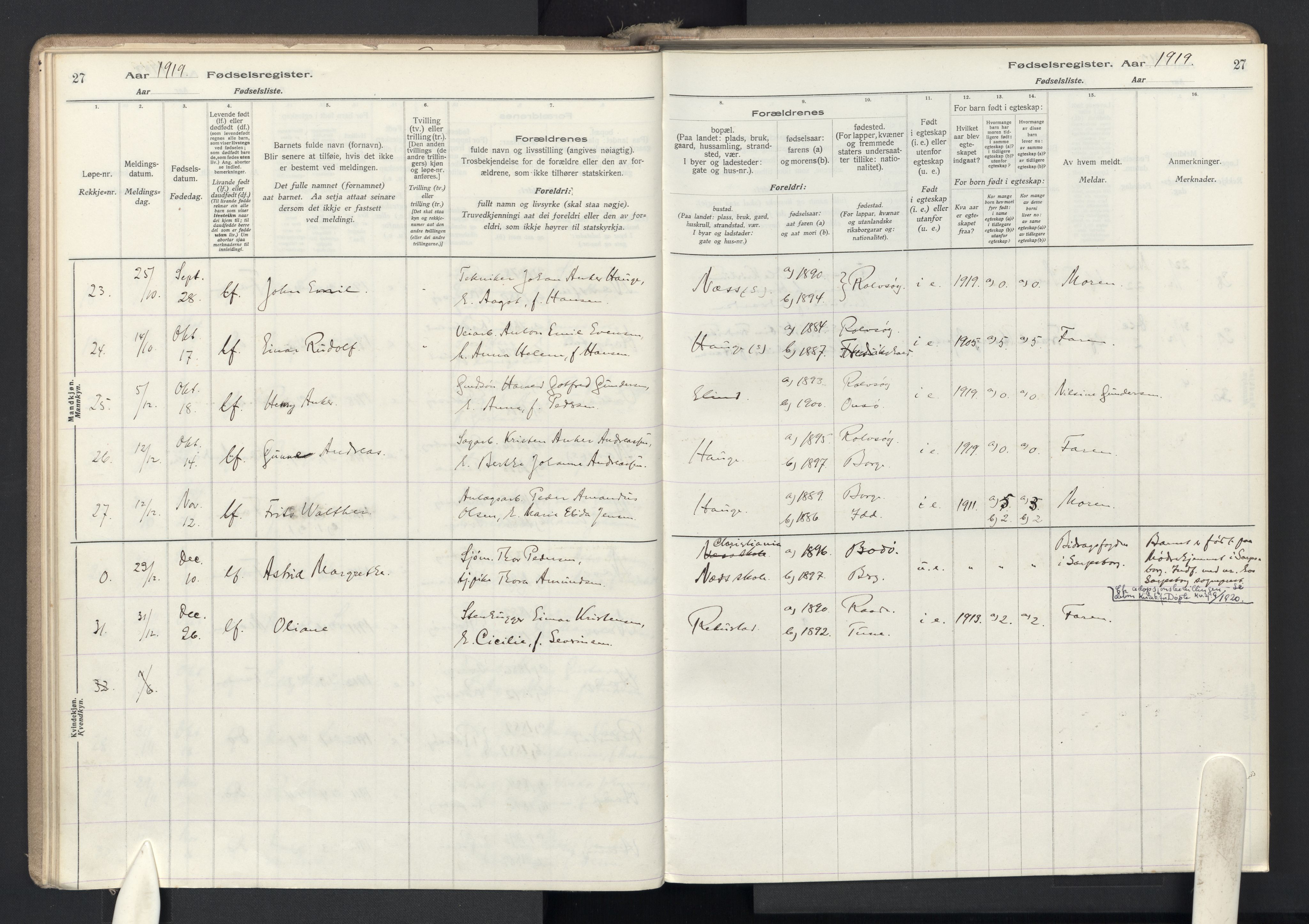 Rolvsøy prestekontor Kirkebøker, SAO/A-2004/J/Ja/L0001: Birth register no. 1, 1916-1946, p. 27