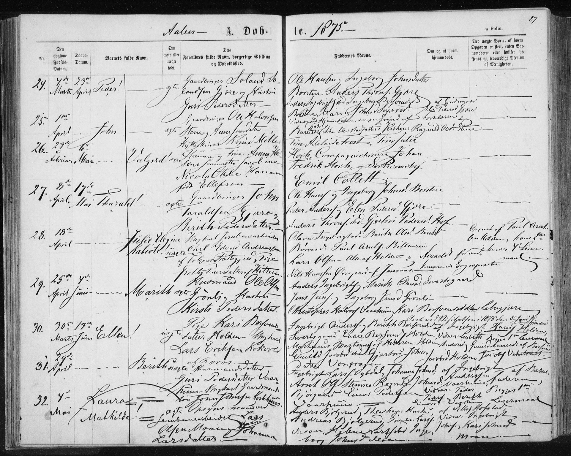 Ministerialprotokoller, klokkerbøker og fødselsregistre - Sør-Trøndelag, SAT/A-1456/685/L0971: Parish register (official) no. 685A08 /3, 1870-1879, p. 87