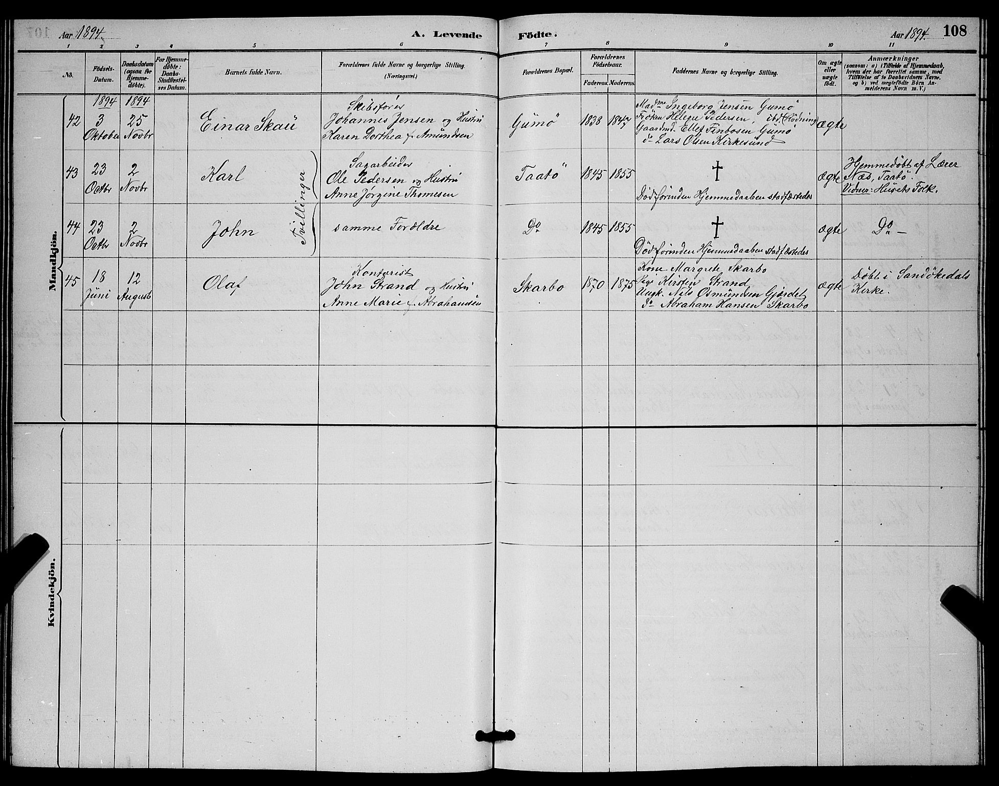 Skåtøy kirkebøker, SAKO/A-304/G/Ga/L0003: Parish register (copy) no. I 3, 1884-1898, p. 108