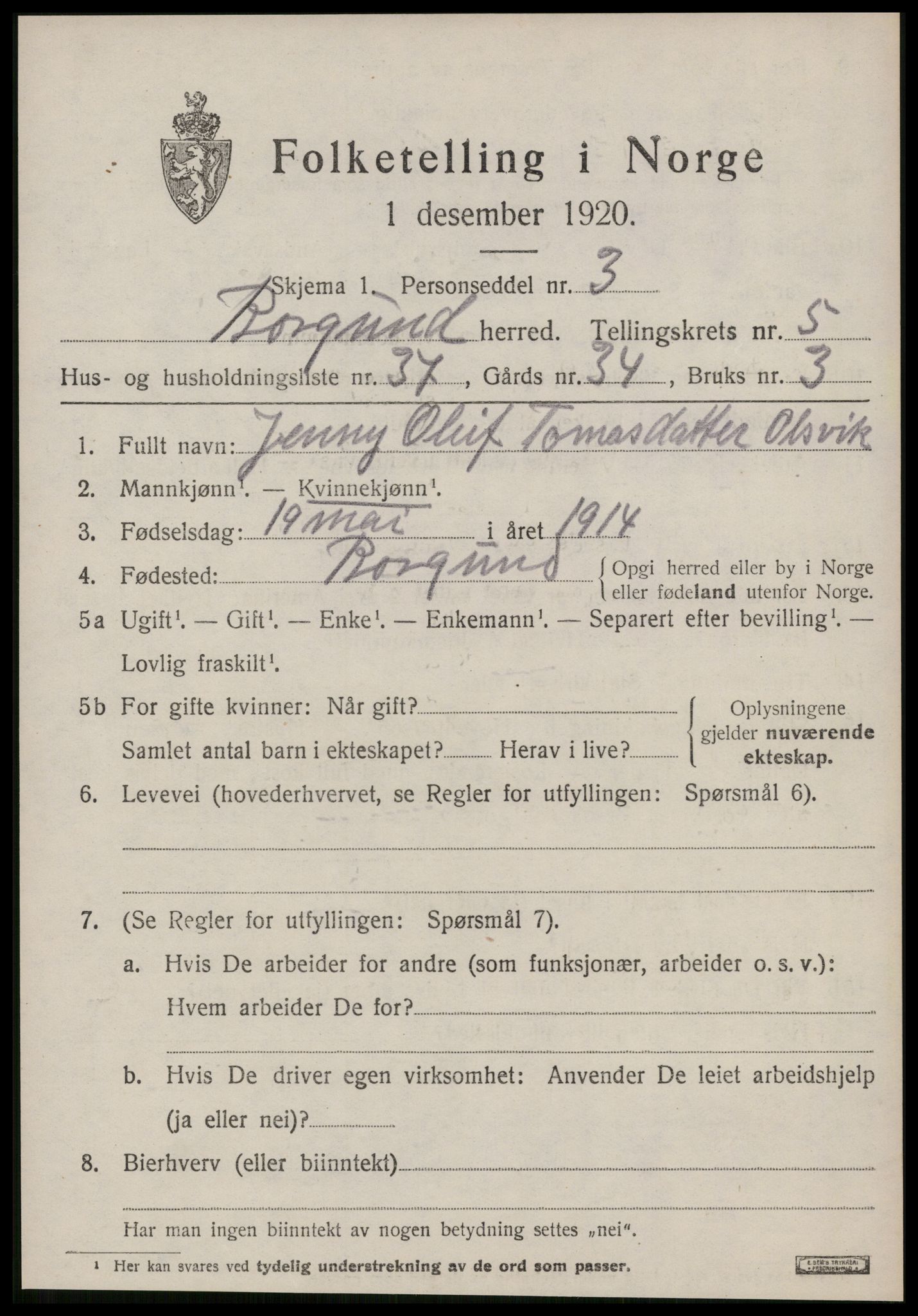 SAT, 1920 census for Borgund, 1920, p. 4998