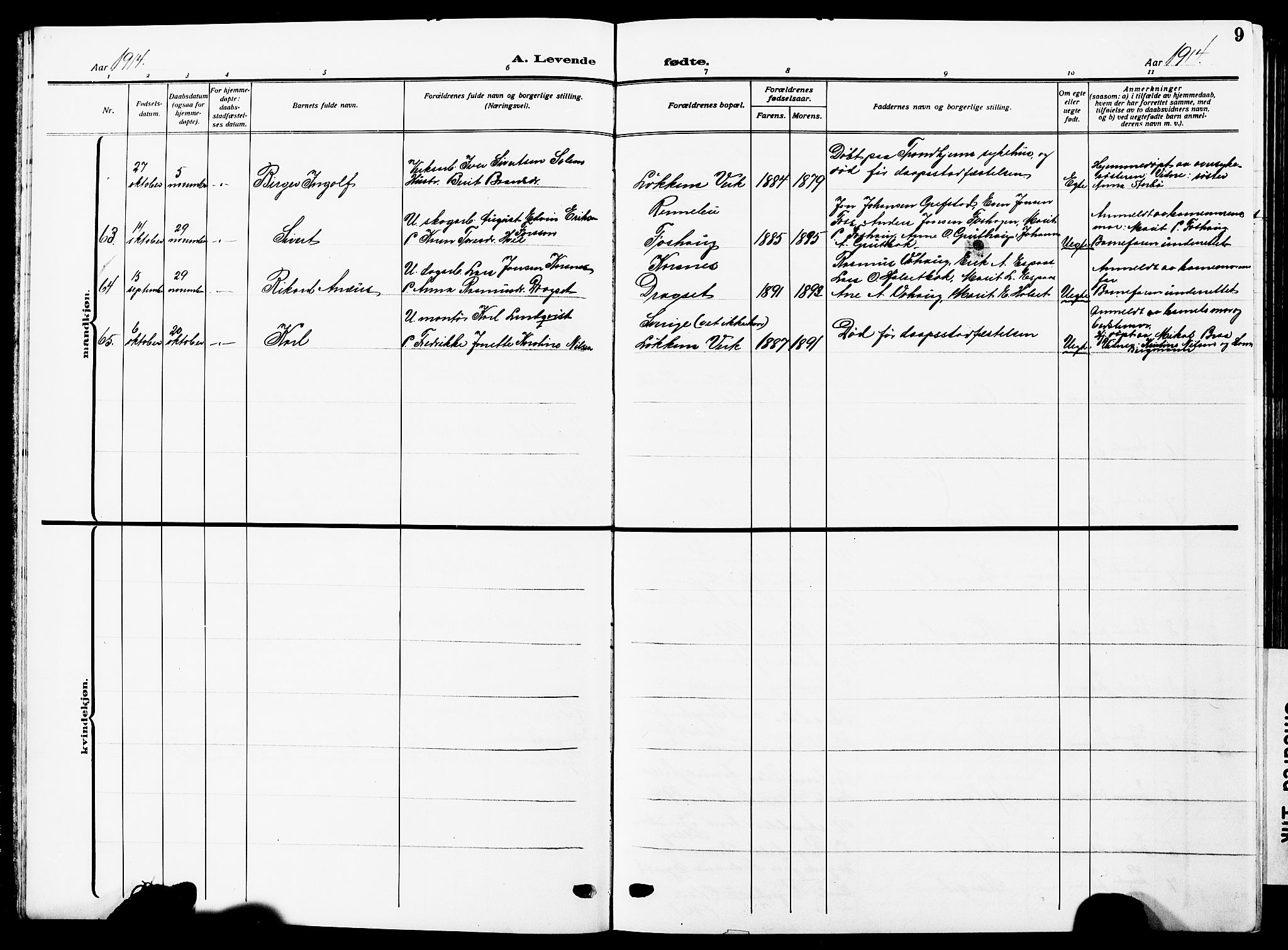 Ministerialprotokoller, klokkerbøker og fødselsregistre - Sør-Trøndelag, SAT/A-1456/672/L0865: Parish register (copy) no. 672C04, 1914-1928, p. 9