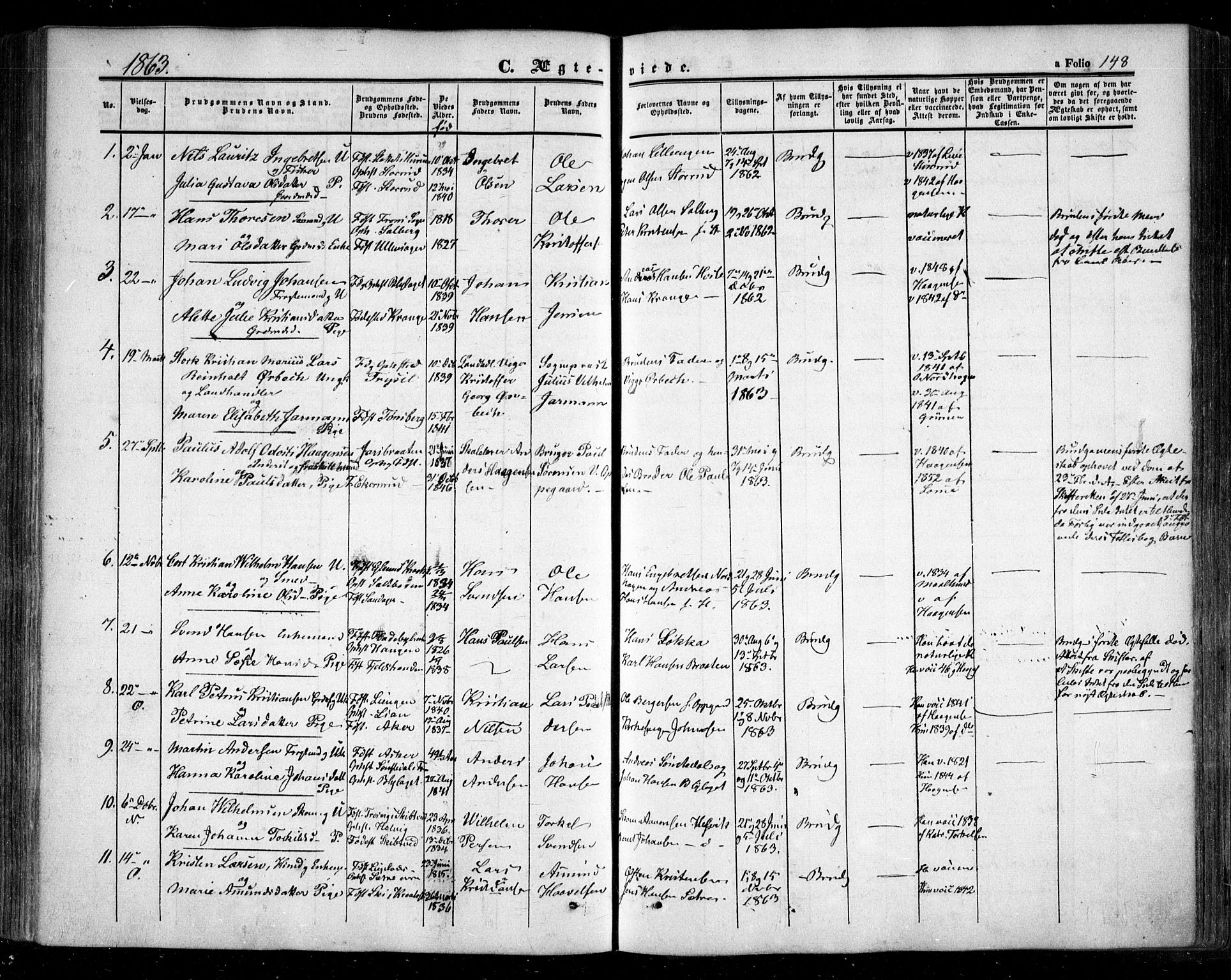 Nesodden prestekontor Kirkebøker, AV/SAO-A-10013/F/Fa/L0007: Parish register (official) no. I 7, 1848-1868, p. 148