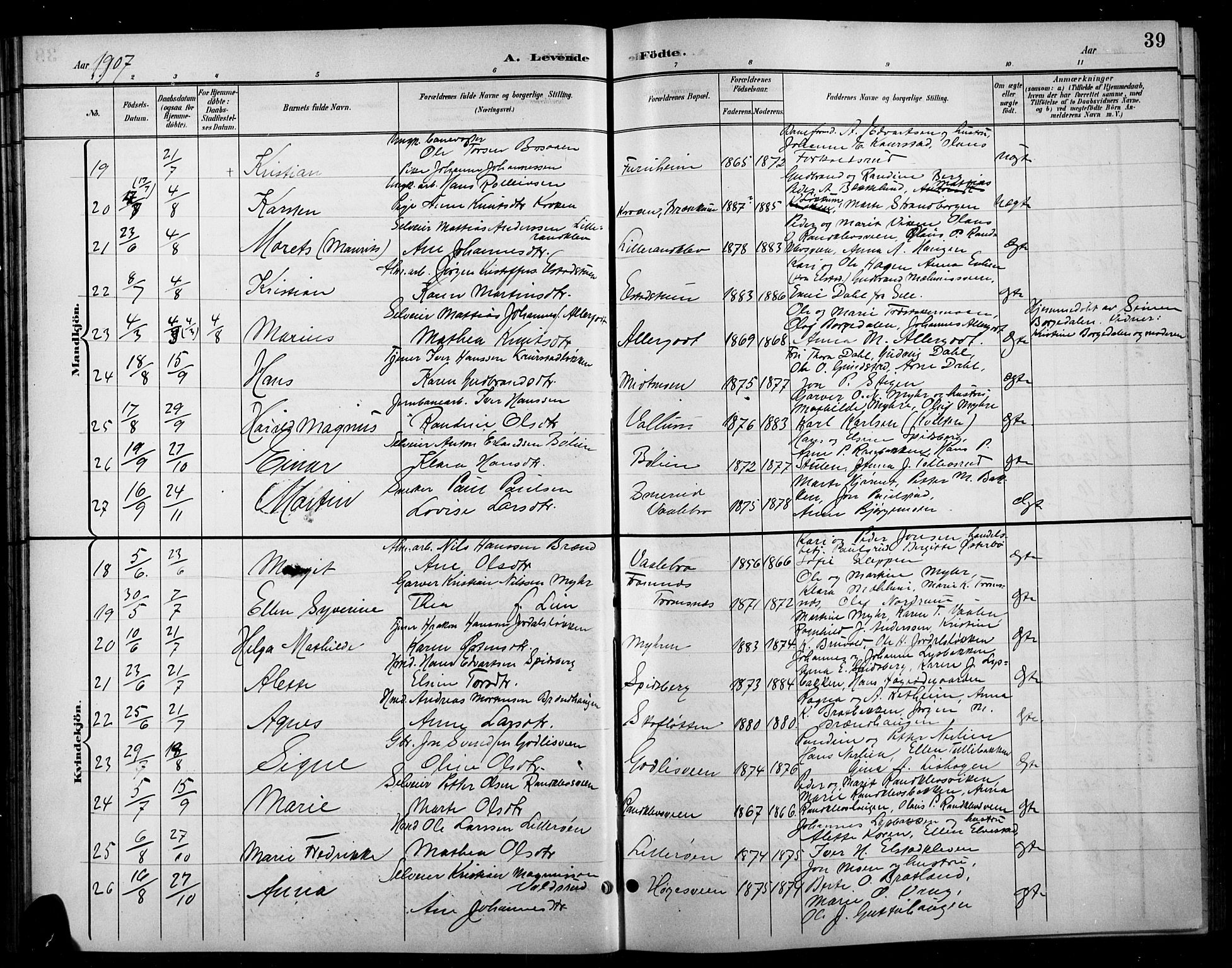 Ringebu prestekontor, AV/SAH-PREST-082/H/Ha/Hab/L0009: Parish register (copy) no. 9, 1899-1921, p. 39