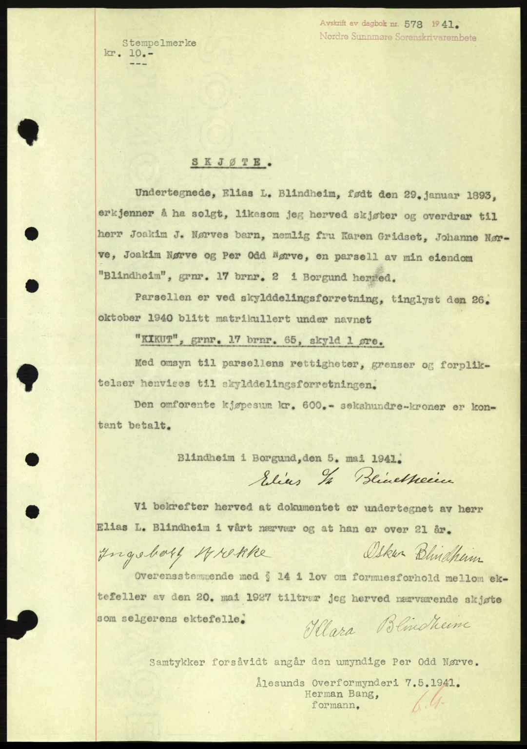 Nordre Sunnmøre sorenskriveri, AV/SAT-A-0006/1/2/2C/2Ca: Mortgage book no. A10, 1940-1941, Diary no: : 578/1941