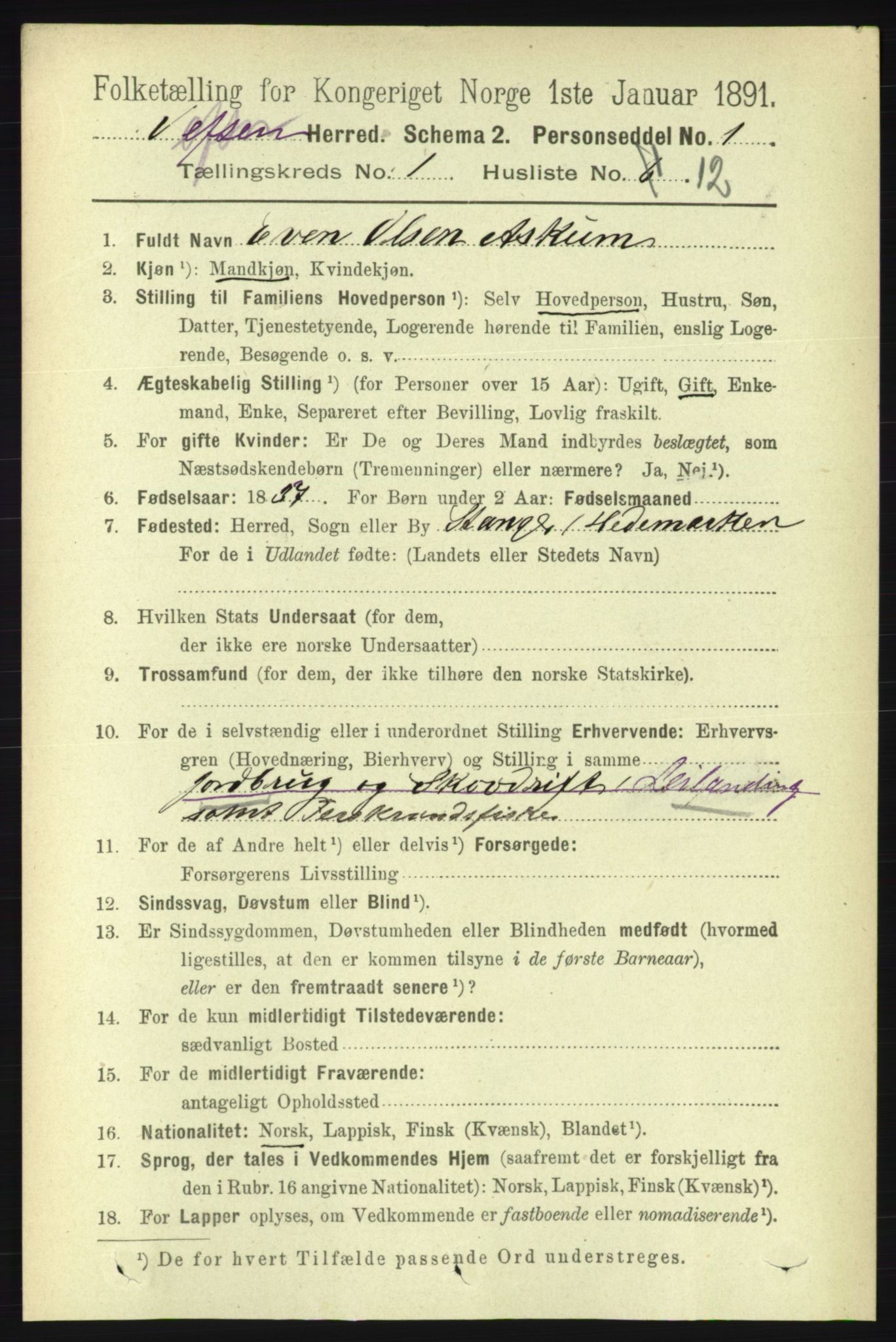 RA, 1891 census for 1824 Vefsn, 1891, p. 136