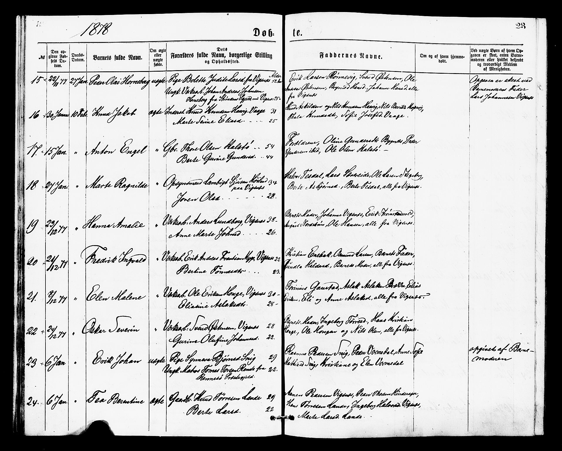 Avaldsnes sokneprestkontor, AV/SAST-A -101851/H/Ha/Haa/L0013: Parish register (official) no. A 13, 1876-1879, p. 23