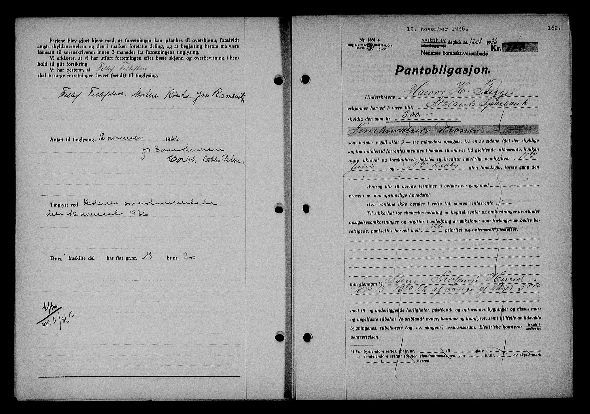 Nedenes sorenskriveri, AV/SAK-1221-0006/G/Gb/Gba/L0043: Mortgage book no. 39, 1936-1937, Diary no: : 1208/1936