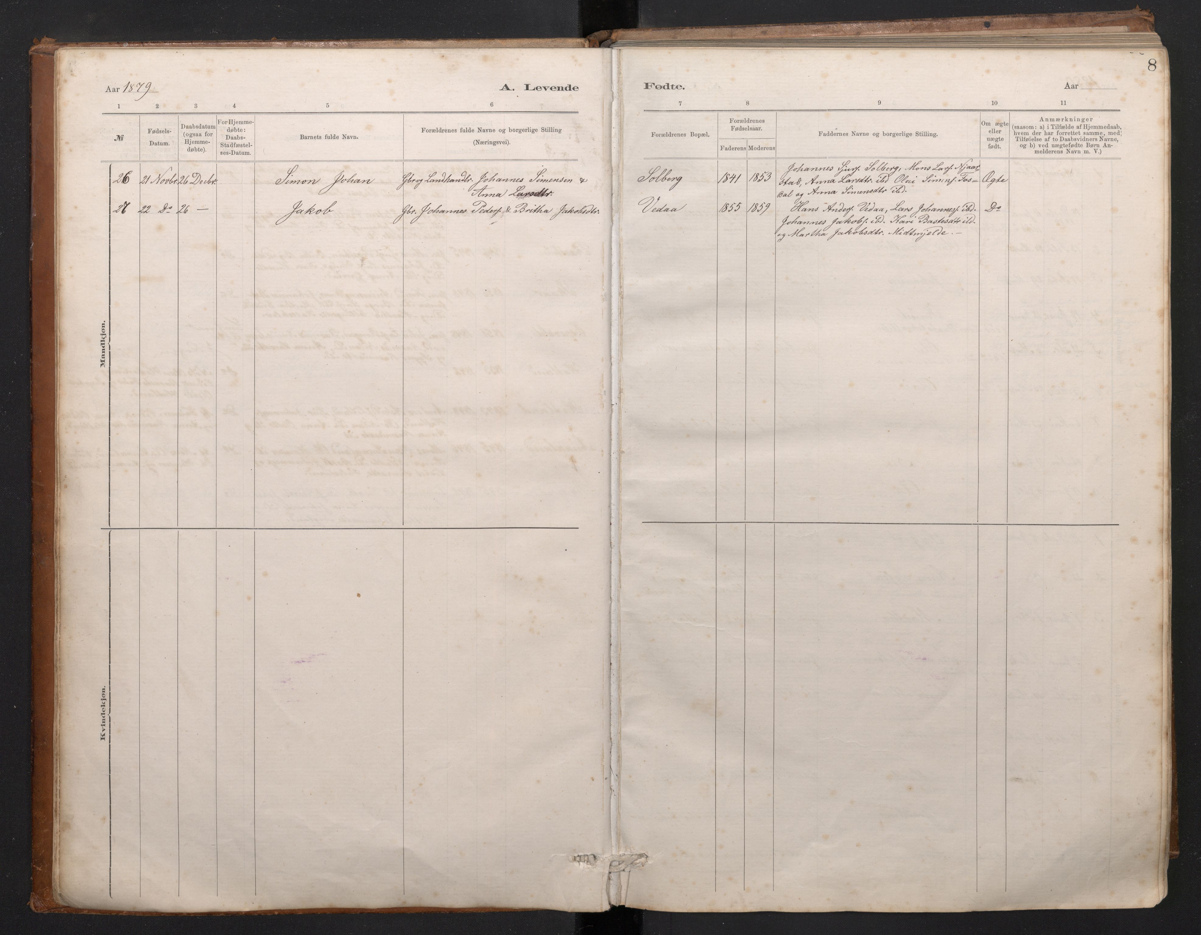 Haus sokneprestembete, AV/SAB-A-75601/H/Hab: Parish register (copy) no. C 2, 1878-1892, p. 7b-8a