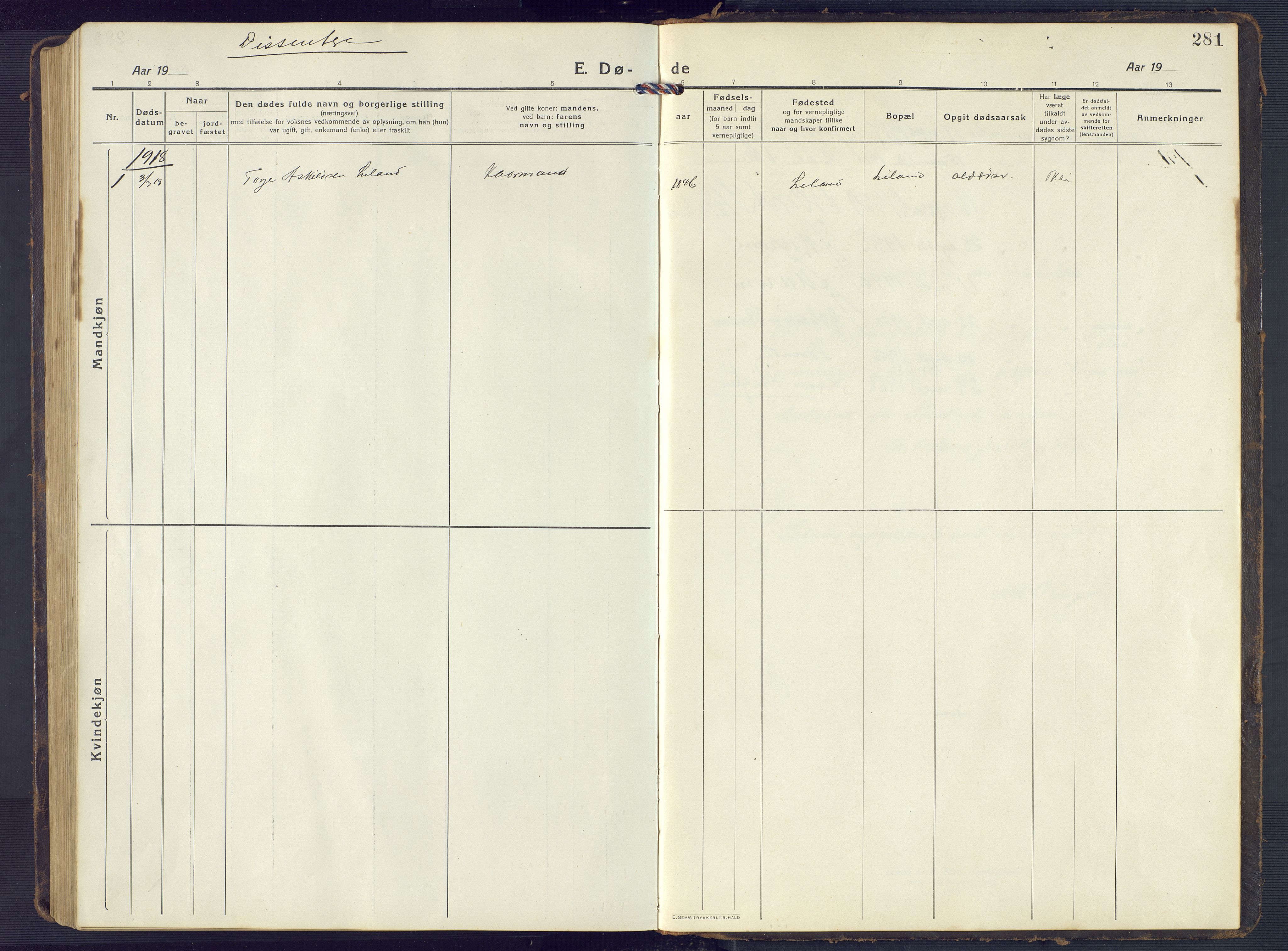 Sirdal sokneprestkontor, SAK/1111-0036/F/Fb/Fbb/L0005: Parish register (copy) no. B 5, 1916-1960, p. 281