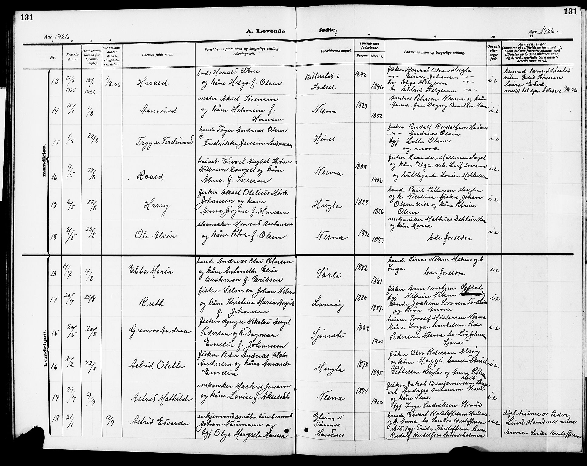 Ministerialprotokoller, klokkerbøker og fødselsregistre - Nordland, AV/SAT-A-1459/838/L0560: Parish register (copy) no. 838C07, 1910-1928, p. 131