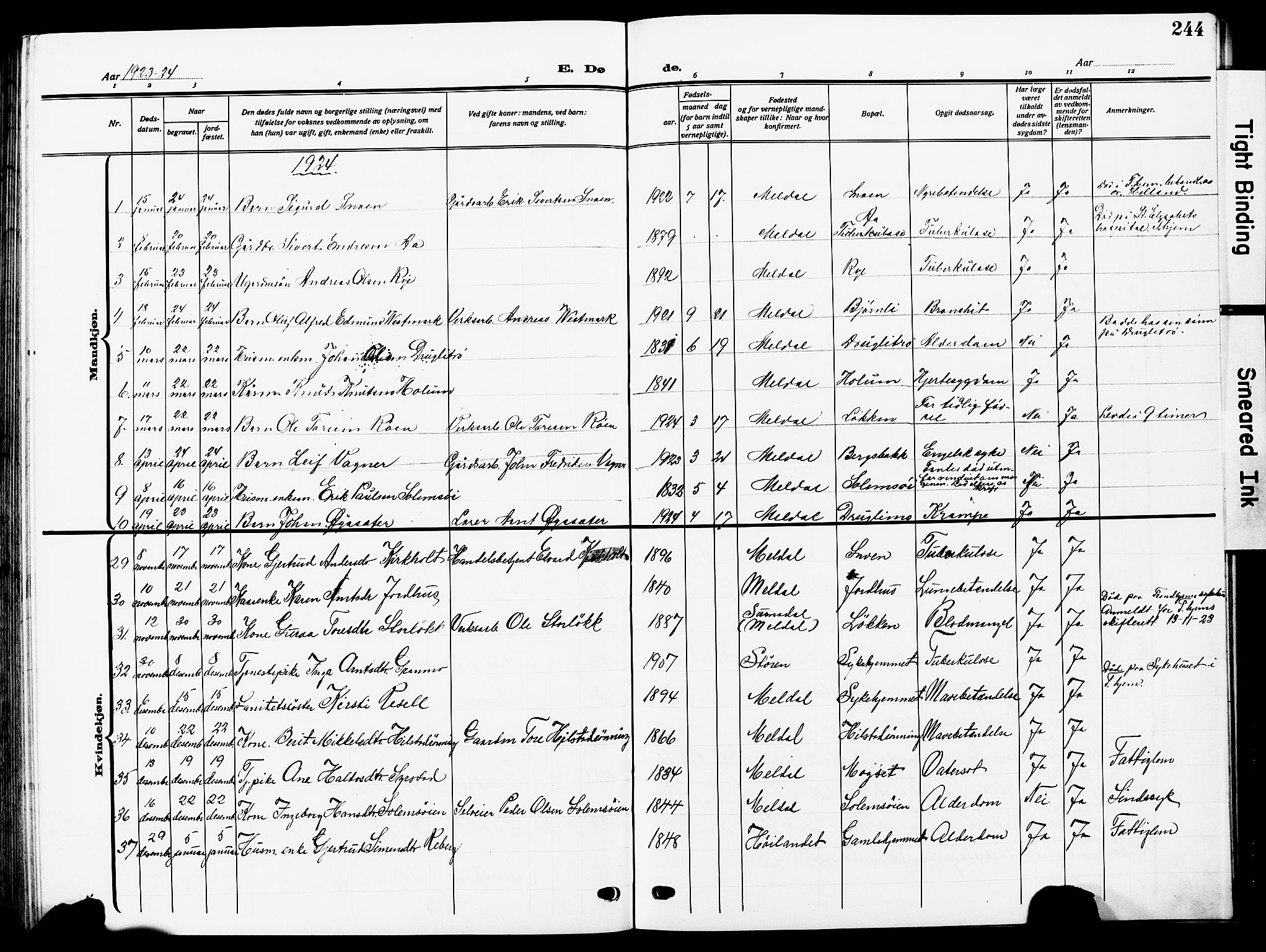 Ministerialprotokoller, klokkerbøker og fødselsregistre - Sør-Trøndelag, SAT/A-1456/672/L0865: Parish register (copy) no. 672C04, 1914-1928, p. 244