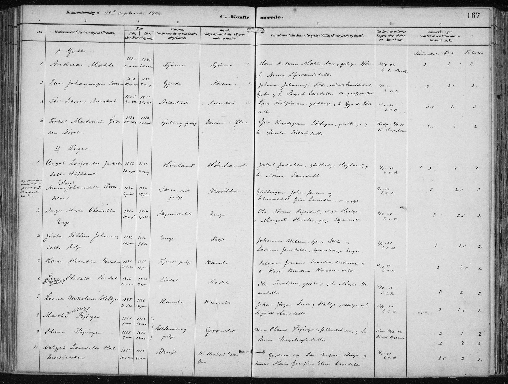 Etne sokneprestembete, SAB/A-75001/H/Haa: Parish register (official) no. B  1, 1879-1919, p. 167