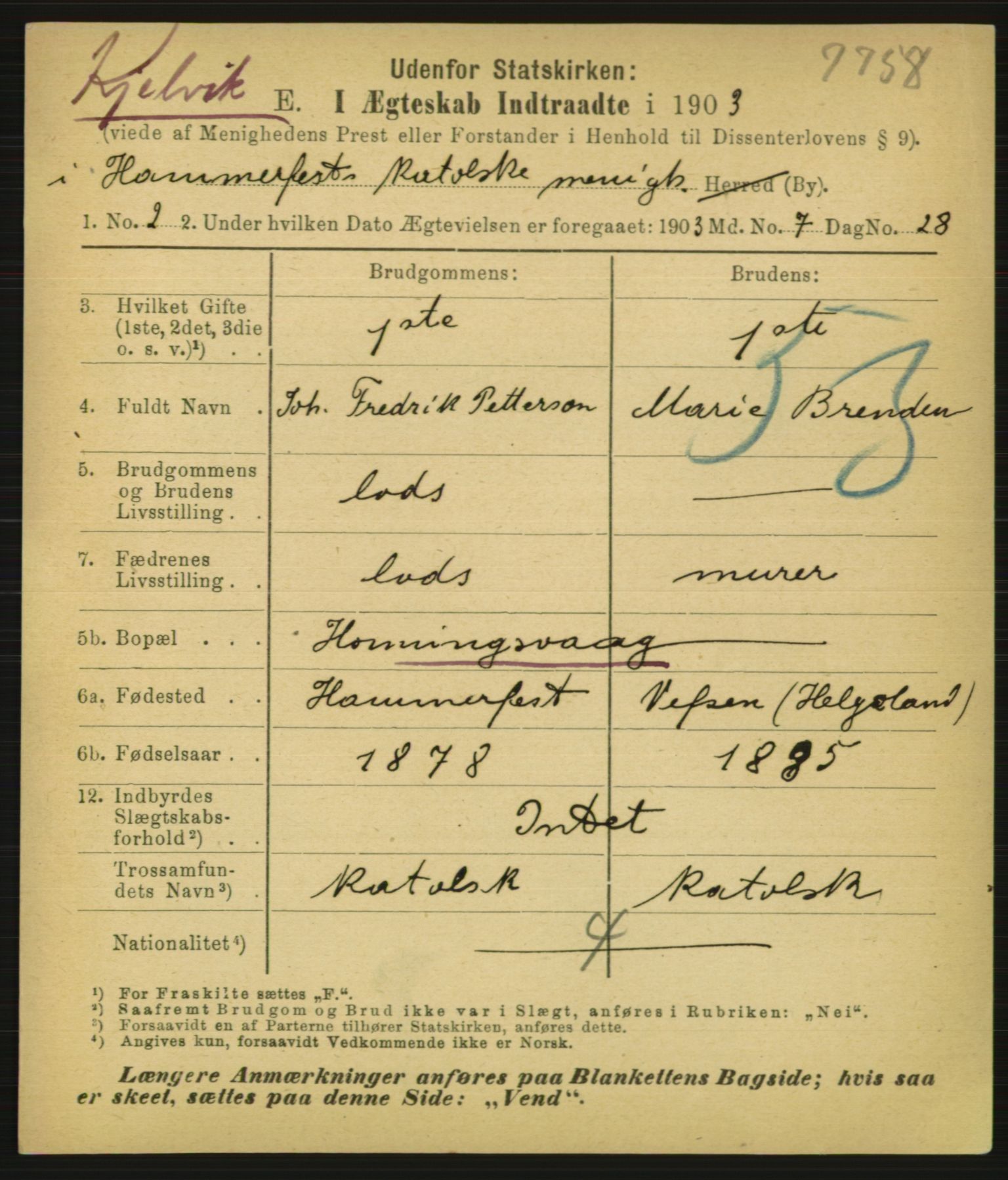 Statistisk sentralbyrå, Sosiodemografiske emner, Befolkning, AV/RA-S-2228/E/L0001: Fødte, gifte, døde dissentere., 1903, p. 2219