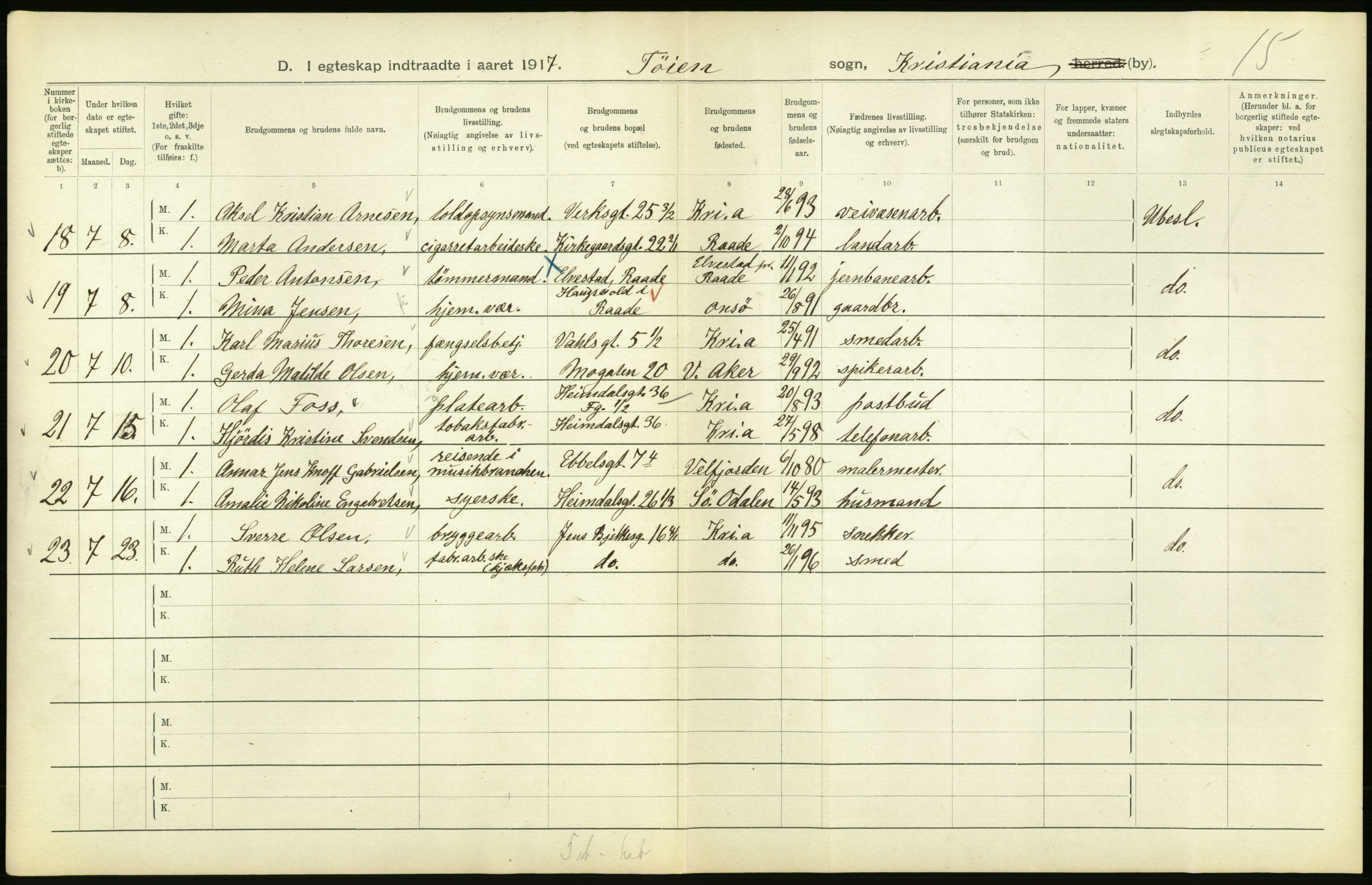 Statistisk sentralbyrå, Sosiodemografiske emner, Befolkning, AV/RA-S-2228/D/Df/Dfb/Dfbg/L0009: Kristiania: Gifte, 1917, p. 326