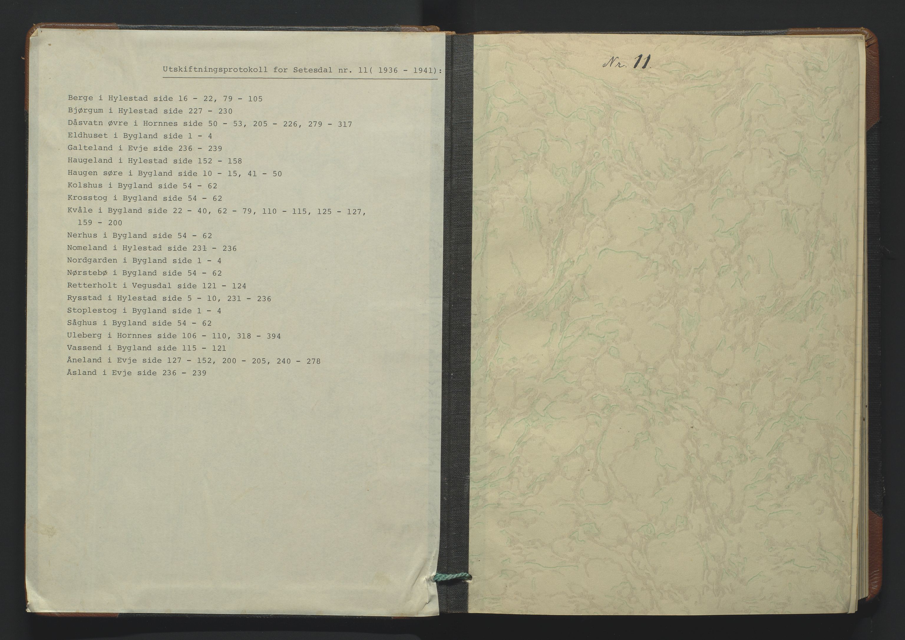 Utskiftningsformannen i Nedenes amt, AV/SAK-1541-0002/F/Fa/Fac/L0009: Jordskifteprotokoll med register, Setesdal domssokn nr 11, 1936-1941