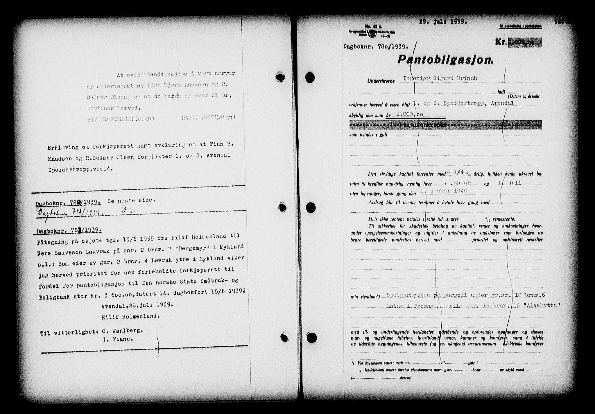 Nedenes sorenskriveri, AV/SAK-1221-0006/G/Gb/Gba/L0046: Mortgage book no. 42, 1938-1939, Diary no: : 780/1939