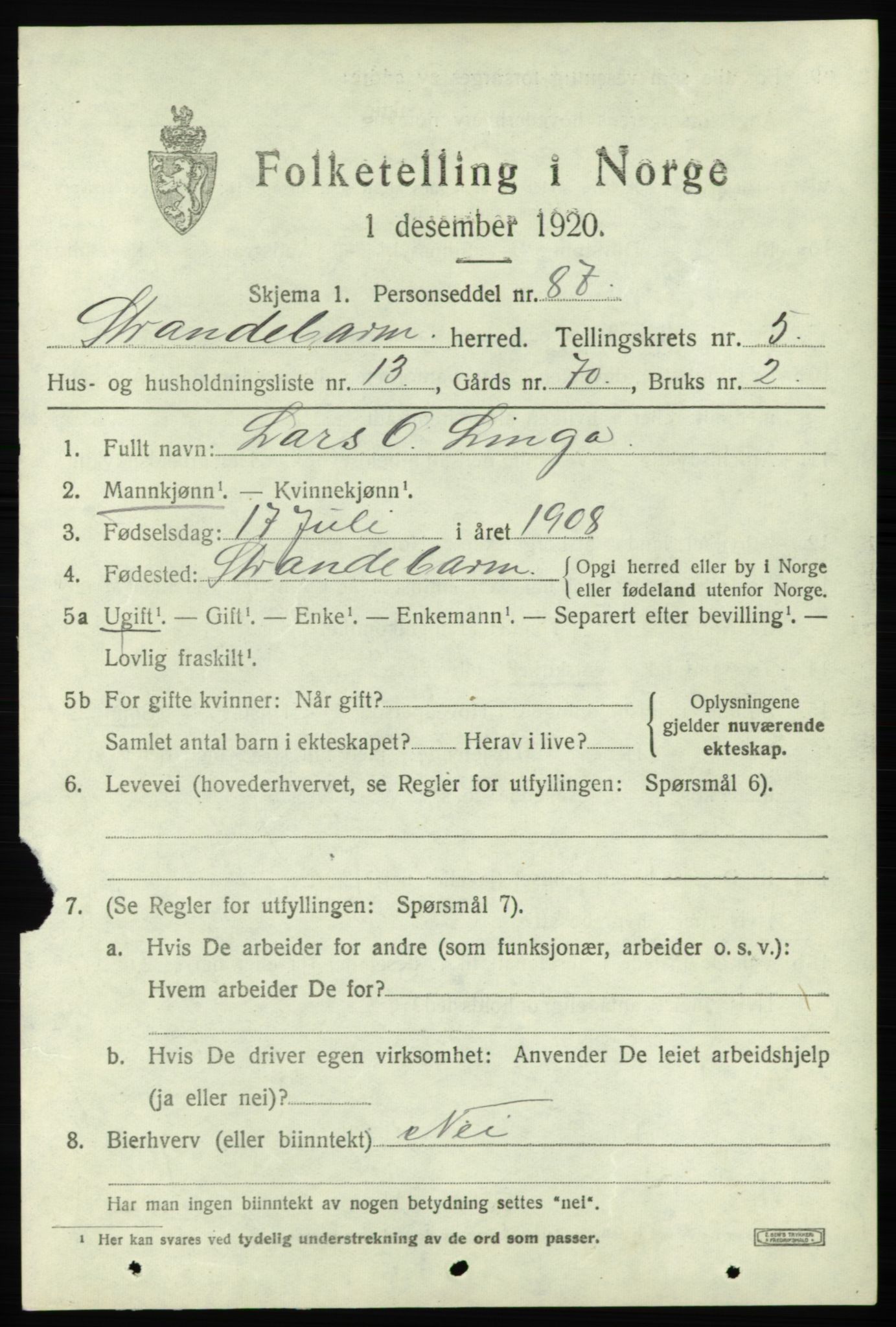 SAB, 1920 census for Strandebarm, 1920, p. 3942