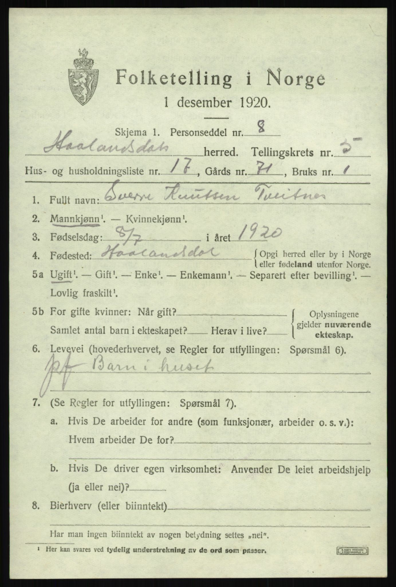 SAB, 1920 census for Hålandsdal, 1920, p. 1250