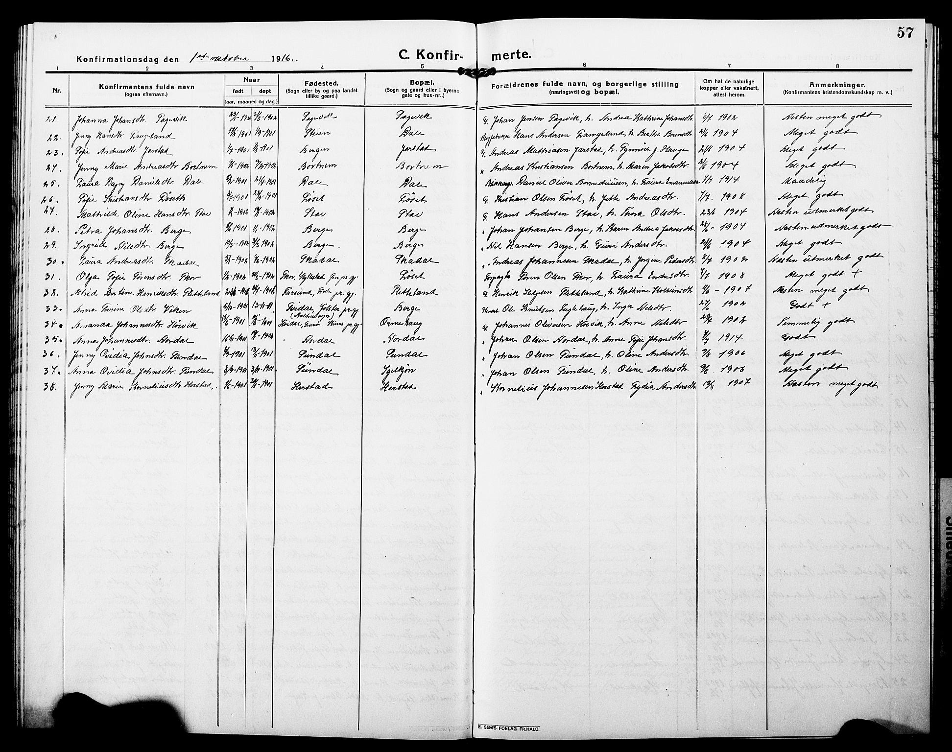 Fjaler sokneprestembete, SAB/A-79801/H/Hab/Habc/L0004: Parish register (copy) no. C 4, 1914-1927, p. 57