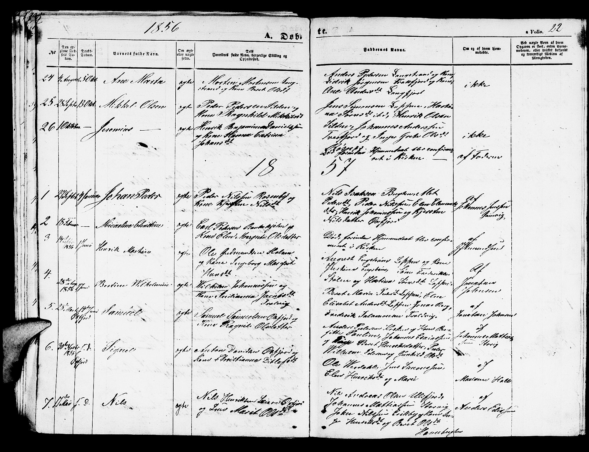 Loppa sokneprestkontor, AV/SATØ-S-1339/H/Hb/L0002klokker: Parish register (copy) no. 2, 1850-1880, p. 22