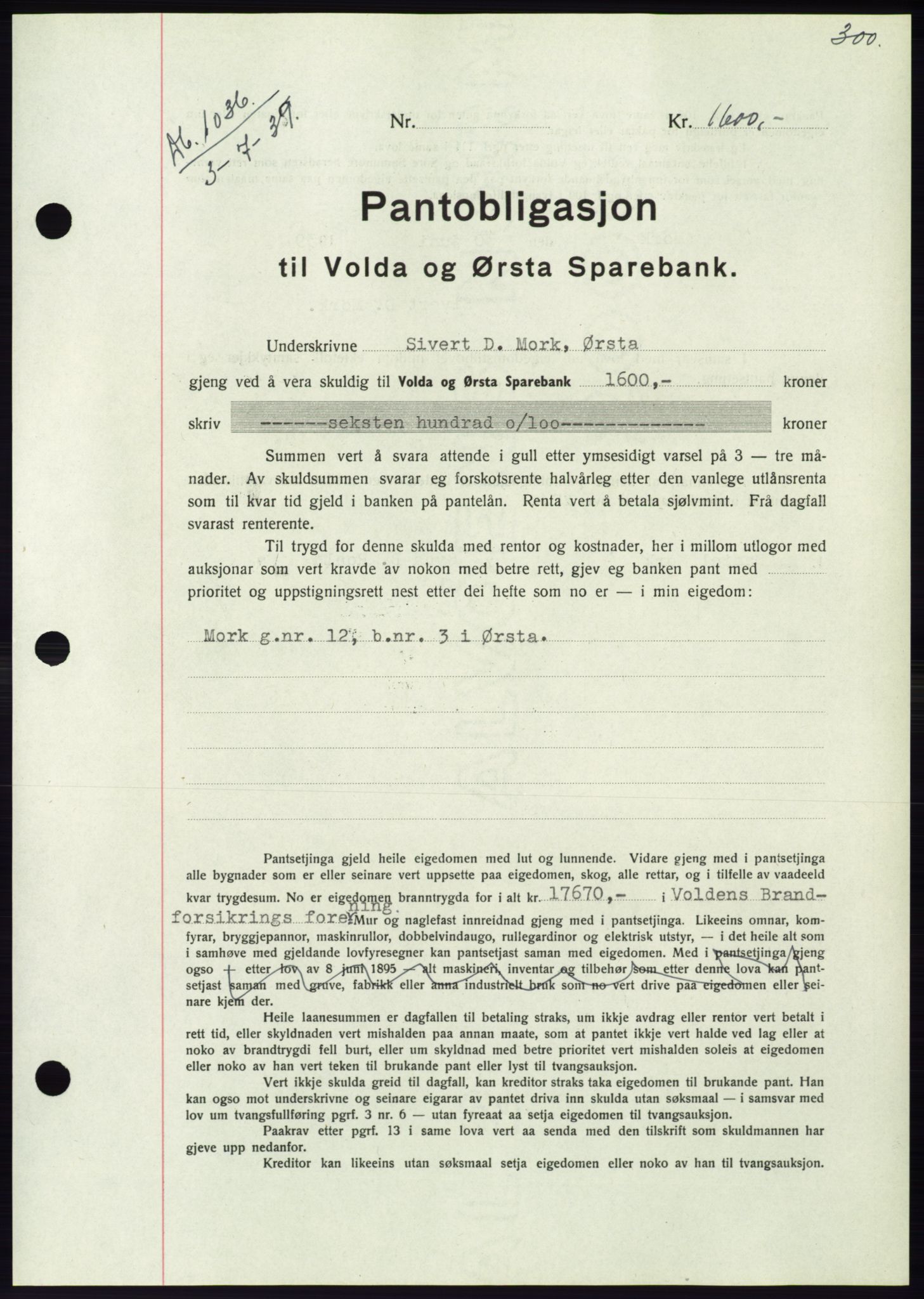 Søre Sunnmøre sorenskriveri, AV/SAT-A-4122/1/2/2C/L0068: Mortgage book no. 62, 1939-1939, Diary no: : 1036/1939