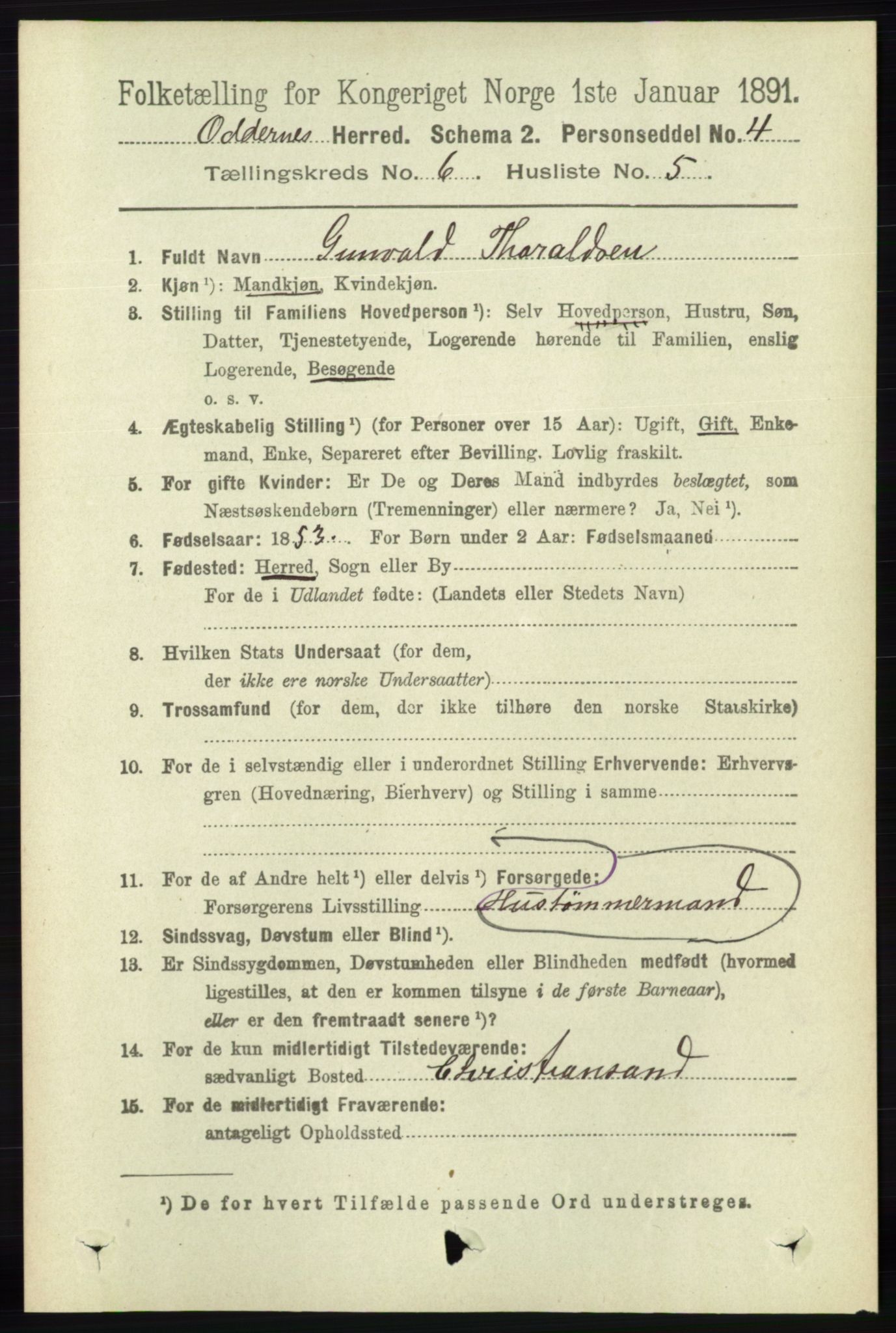 RA, 1891 census for 1012 Oddernes, 1891, p. 2215