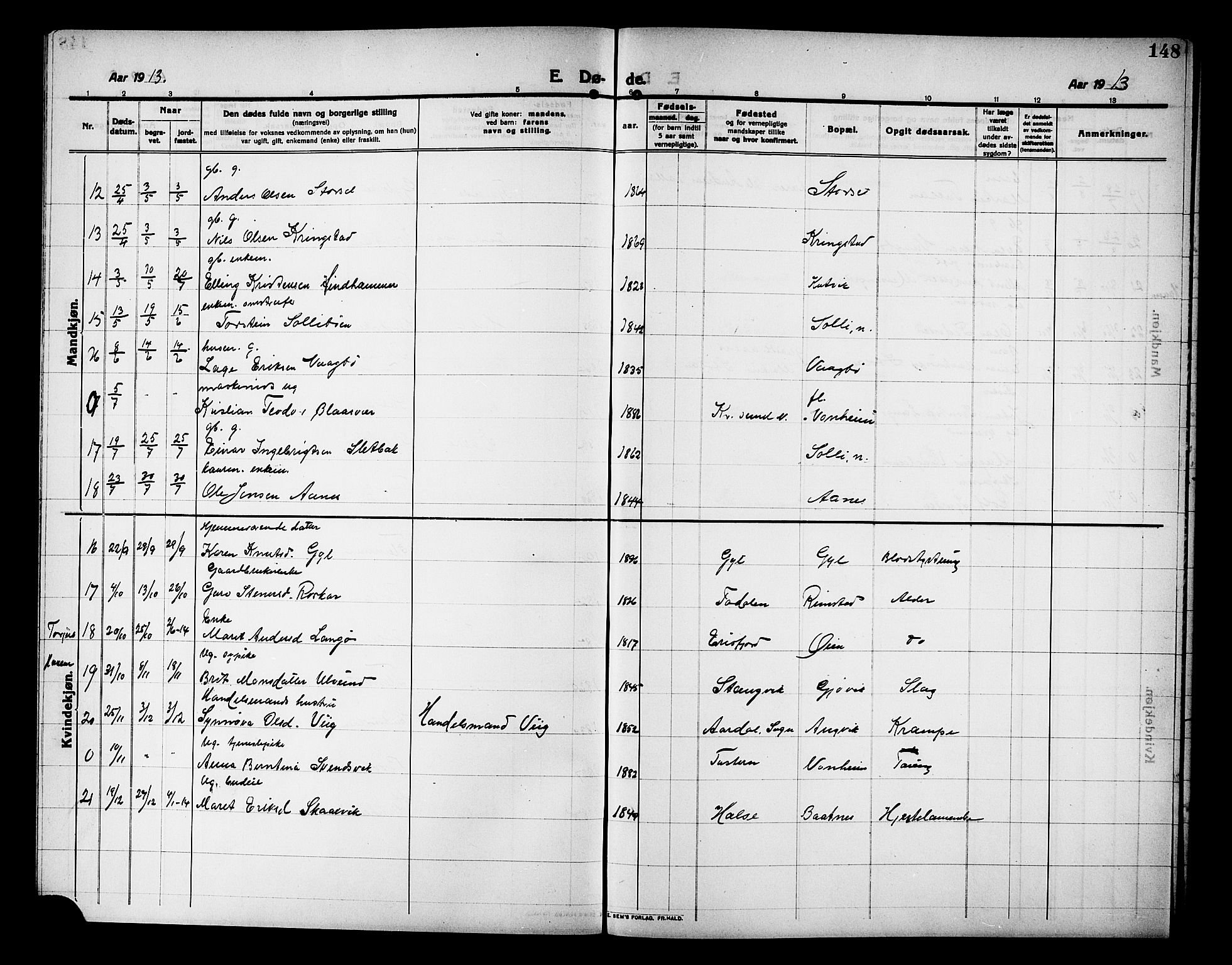 Ministerialprotokoller, klokkerbøker og fødselsregistre - Møre og Romsdal, AV/SAT-A-1454/586/L0993: Parish register (copy) no. 586C04, 1910-1918, p. 148