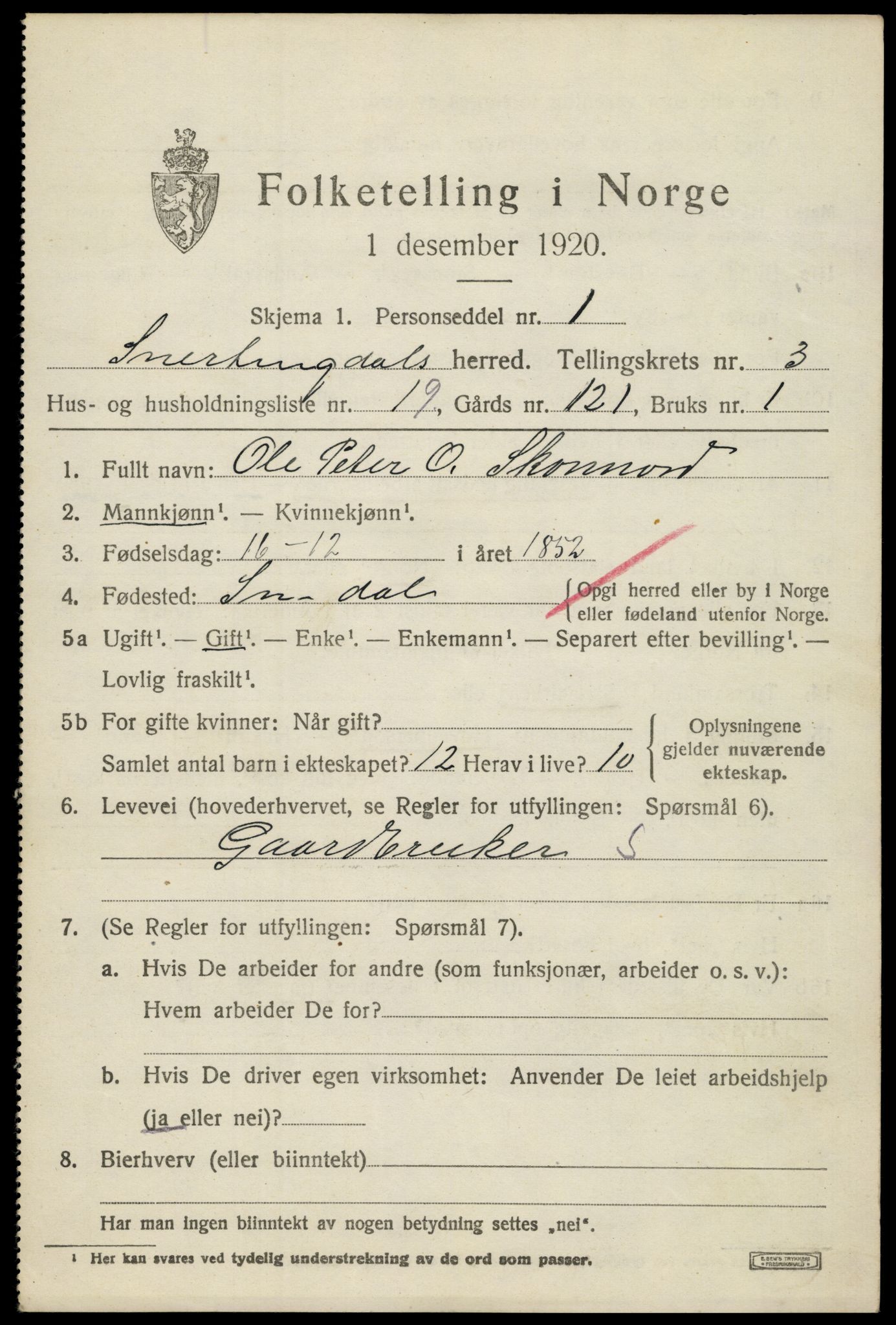 SAH, 1920 census for Snertingdal, 1920, p. 2845