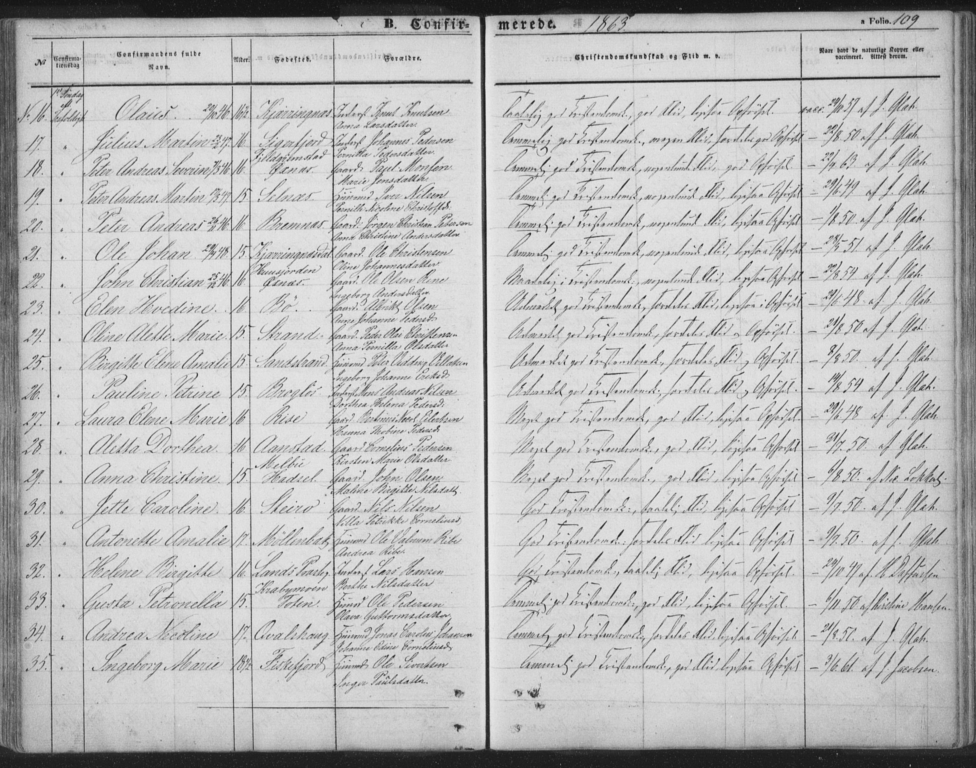 Ministerialprotokoller, klokkerbøker og fødselsregistre - Nordland, AV/SAT-A-1459/895/L1369: Parish register (official) no. 895A04, 1852-1872, p. 109