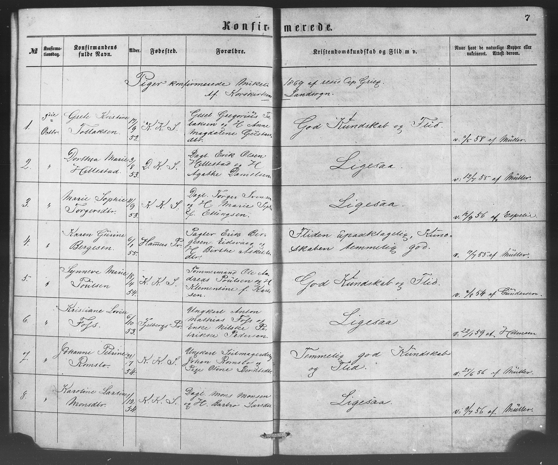 Korskirken sokneprestembete, SAB/A-76101/H/Haa/L0070: Curate's parish register no. A 5, 1869-1885, p. 7