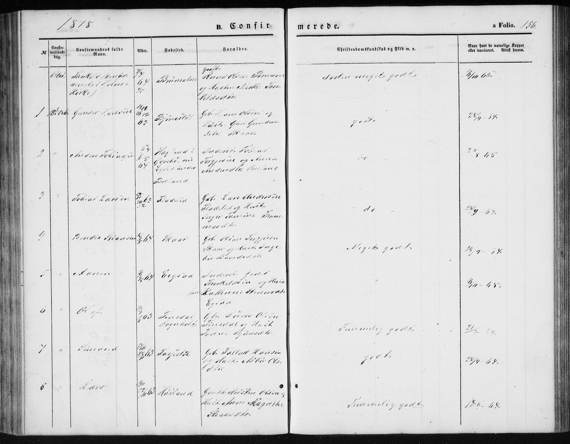 Holum sokneprestkontor, AV/SAK-1111-0022/F/Fb/Fbc/L0002: Parish register (copy) no. B 2, 1860-1882, p. 156