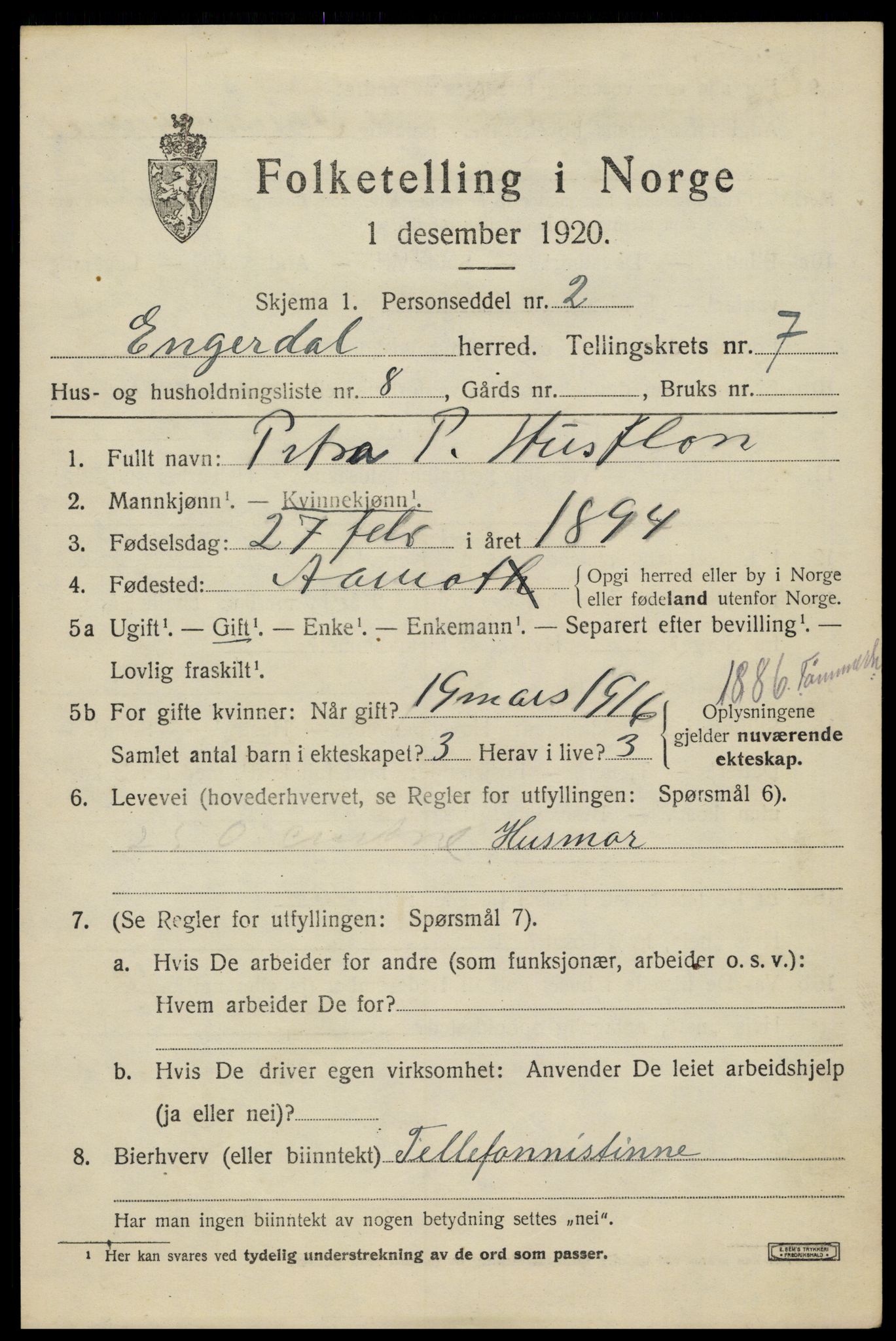 SAH, 1920 census for Engerdal, 1920, p. 3049