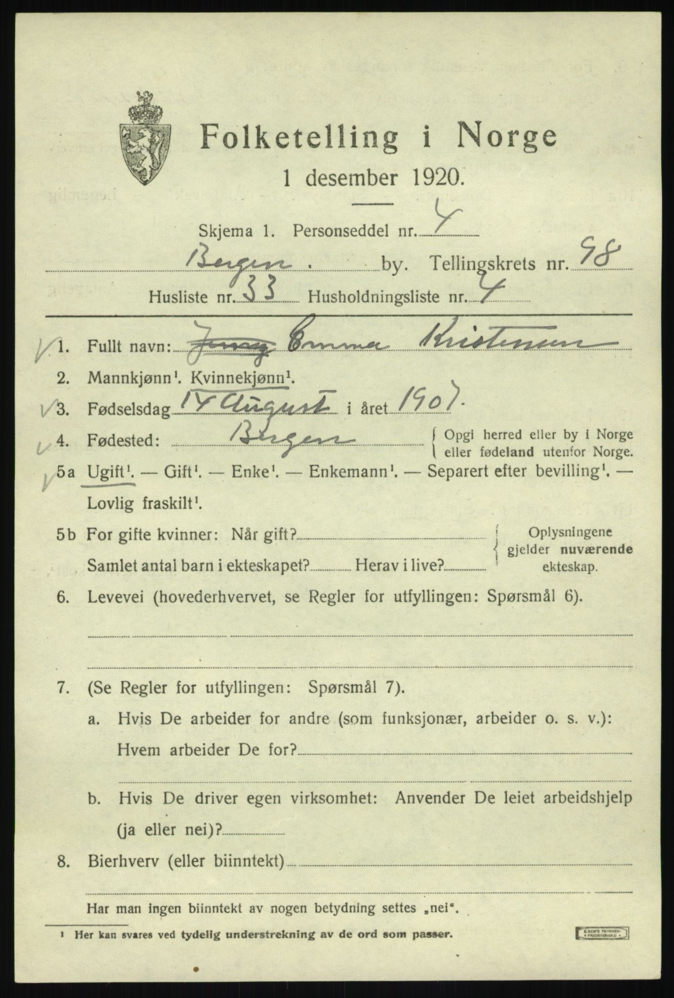 SAB, 1920 census for Bergen, 1920, p. 173863