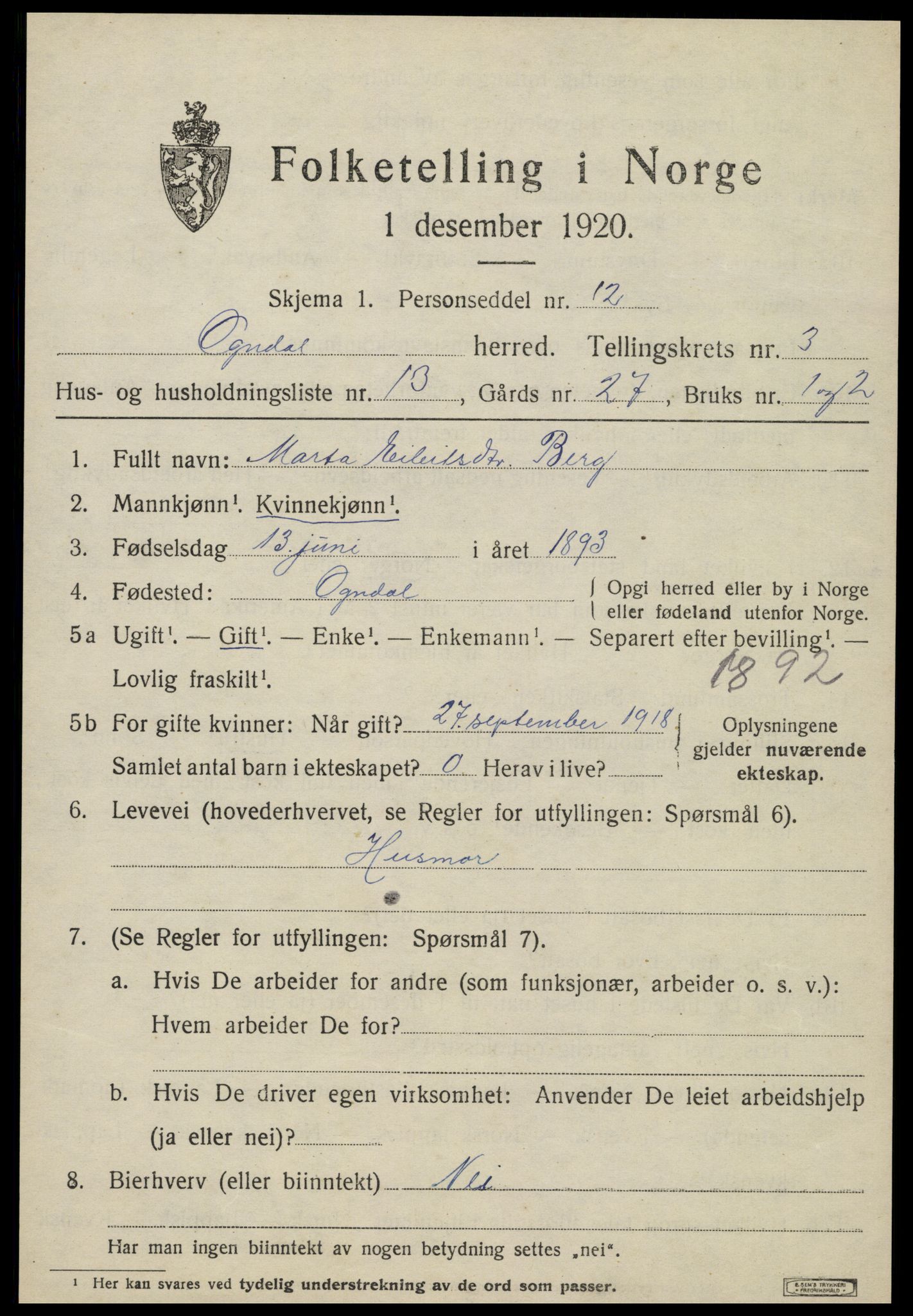 SAT, 1920 census for Ogndal, 1920, p. 1357