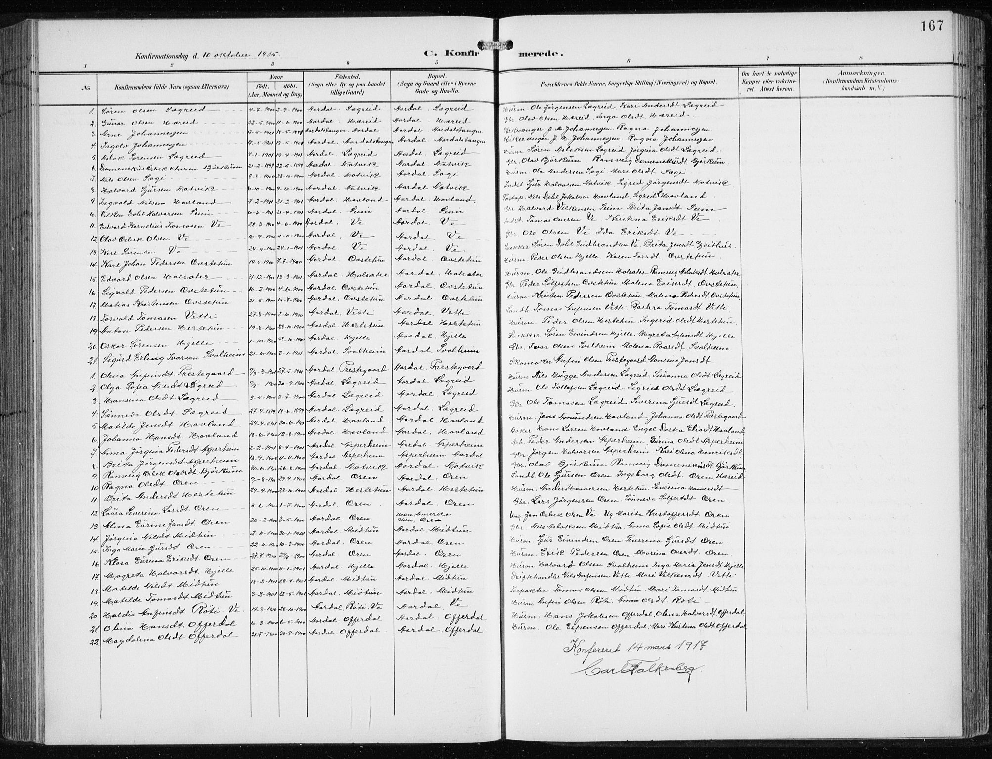 Årdal sokneprestembete, AV/SAB-A-81701: Parish register (copy) no. A 2, 1899-1939, p. 167