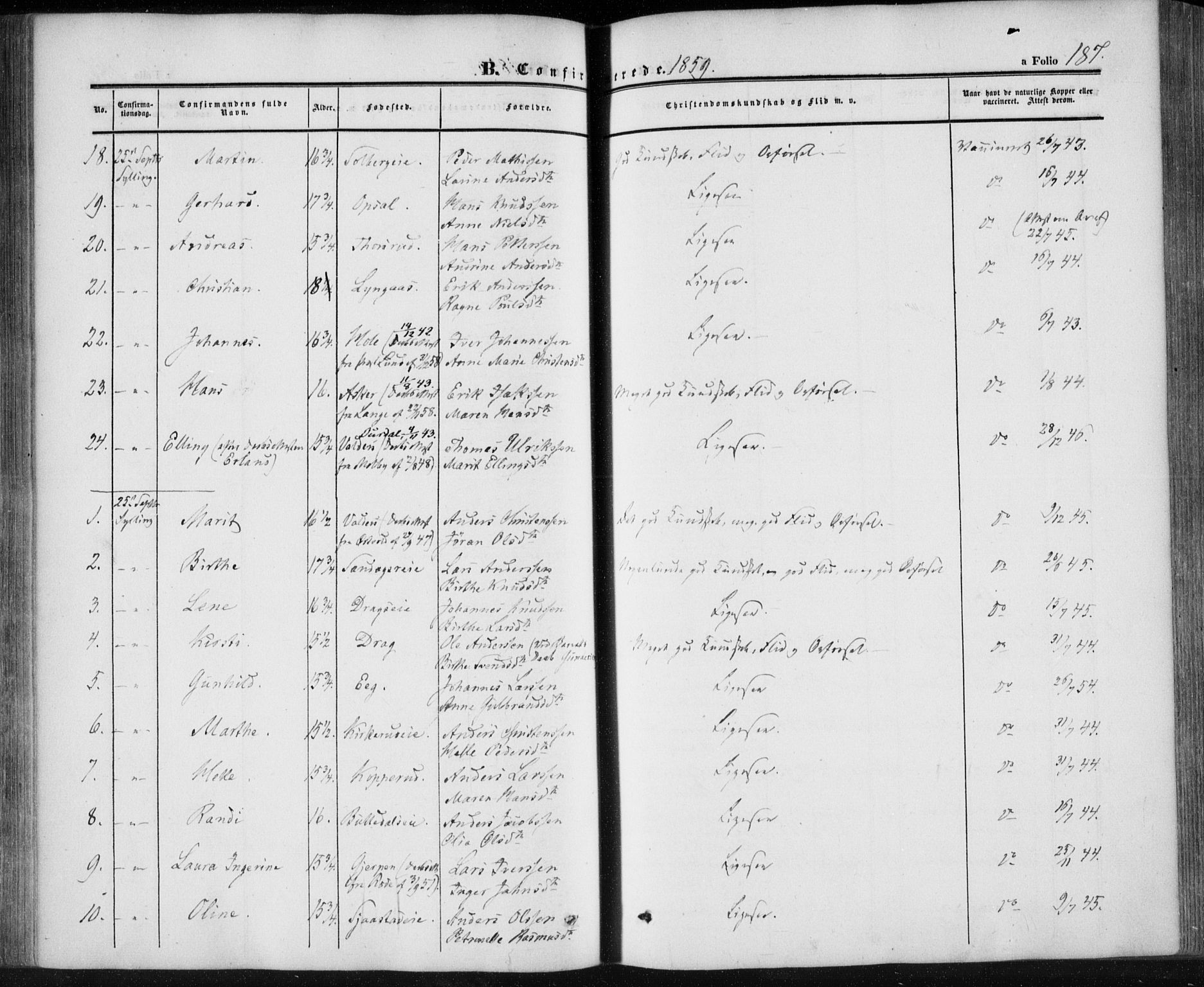 Lier kirkebøker, SAKO/A-230/F/Fa/L0012: Parish register (official) no. I 12, 1854-1864, p. 187