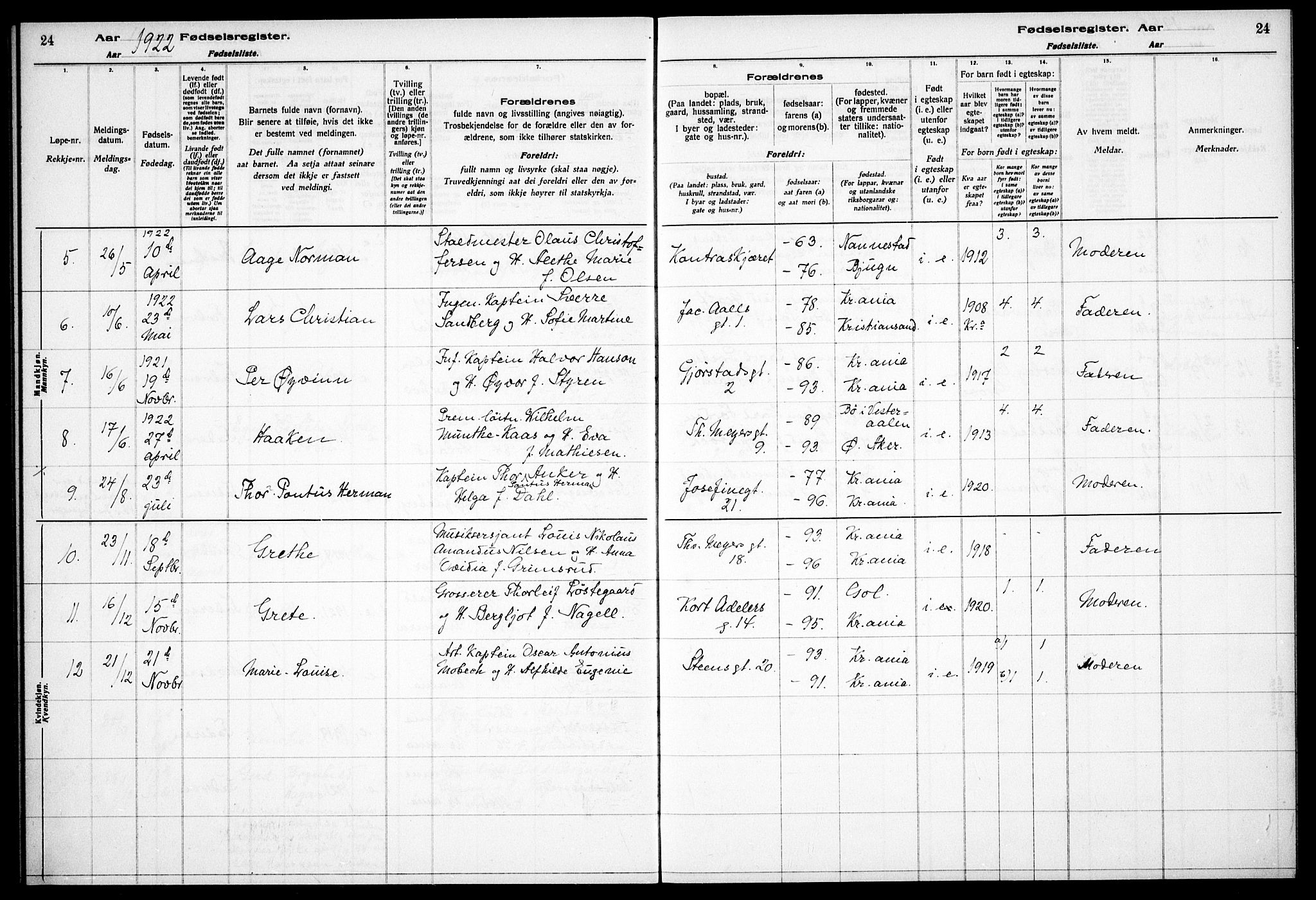 Garnisonsmenigheten Kirkebøker, AV/SAO-A-10846/J/Ja/L0001: Birth register no. 1, 1916-1938, p. 24