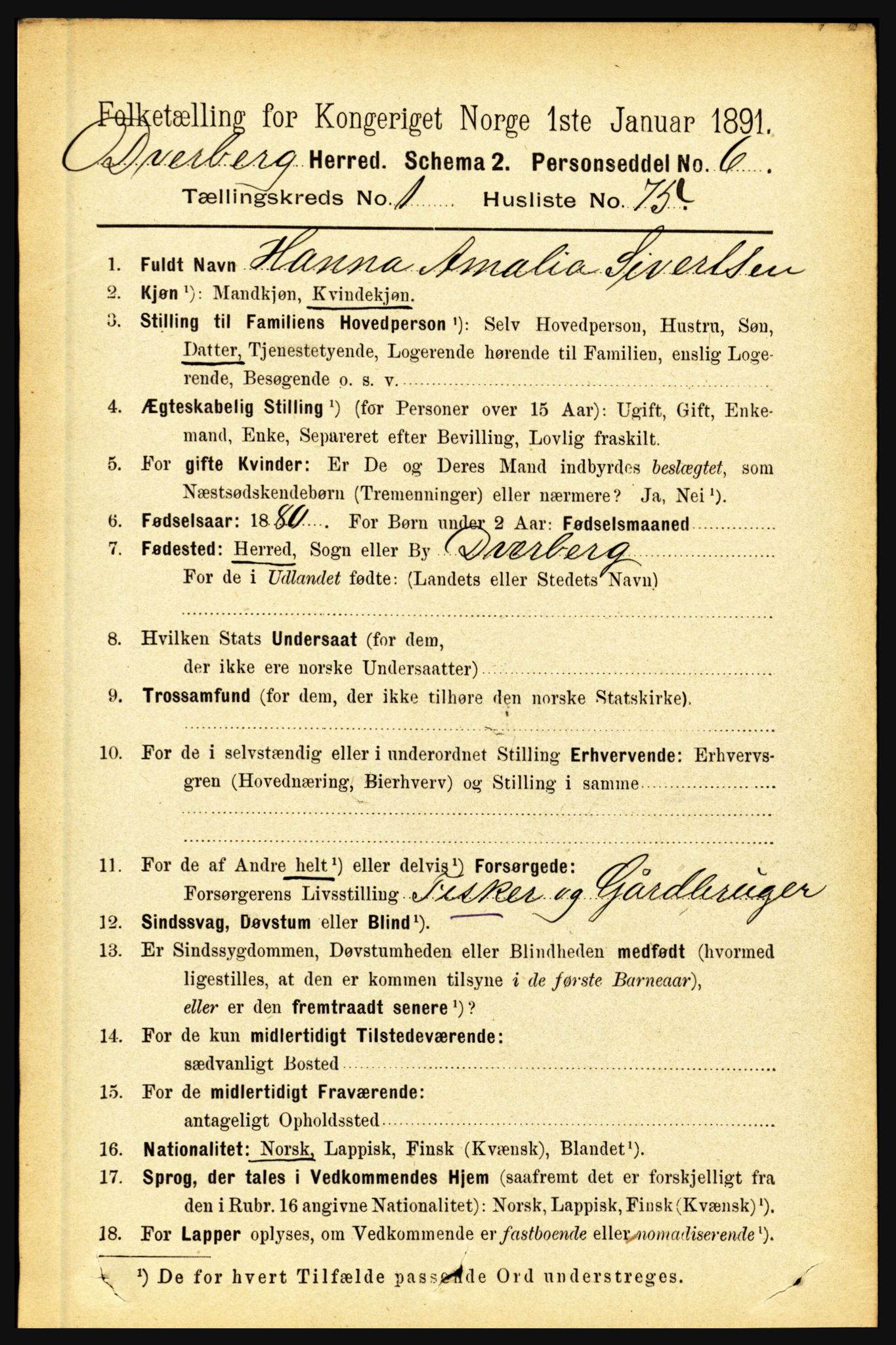 RA, 1891 census for 1872 Dverberg, 1891, p. 574