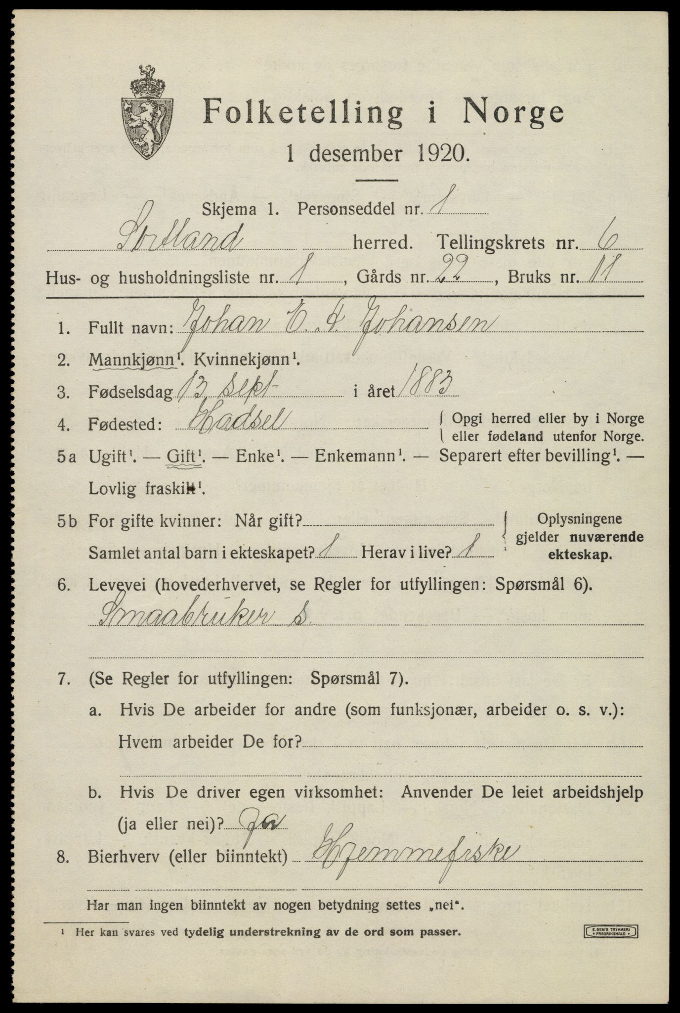 SAT, 1920 census for Sortland, 1920, p. 6222